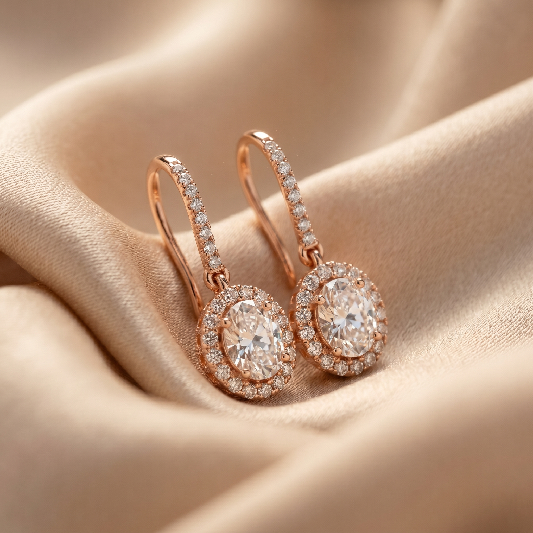 Oval Cut Moissanite Hanging Dangle Earrings, Rose Gold Vermeil, Sterling Silver Bridal halo Jewelry