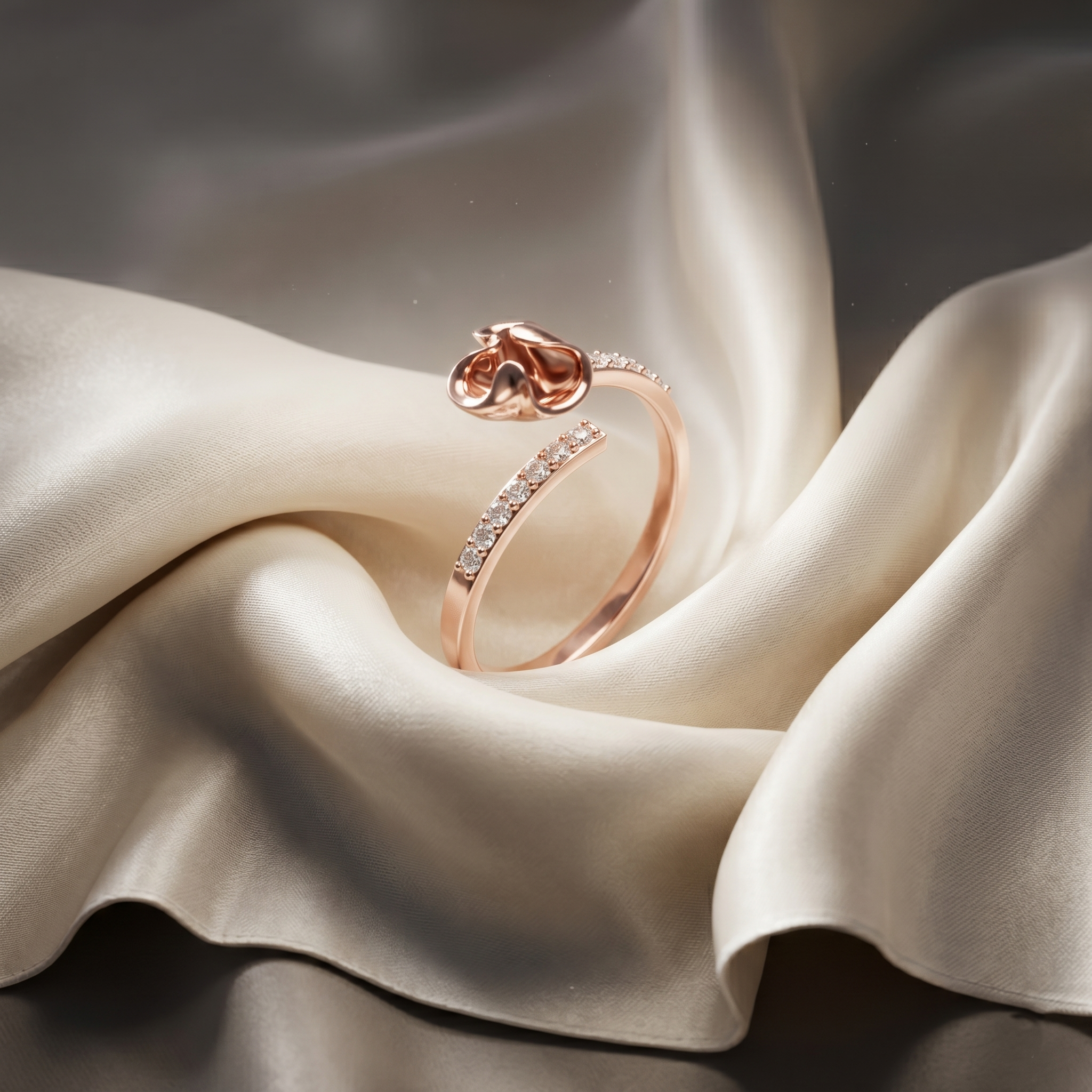 14K Solid Gold Moissanite Bypass Ring, Fluid Flower Organic Leaf Design