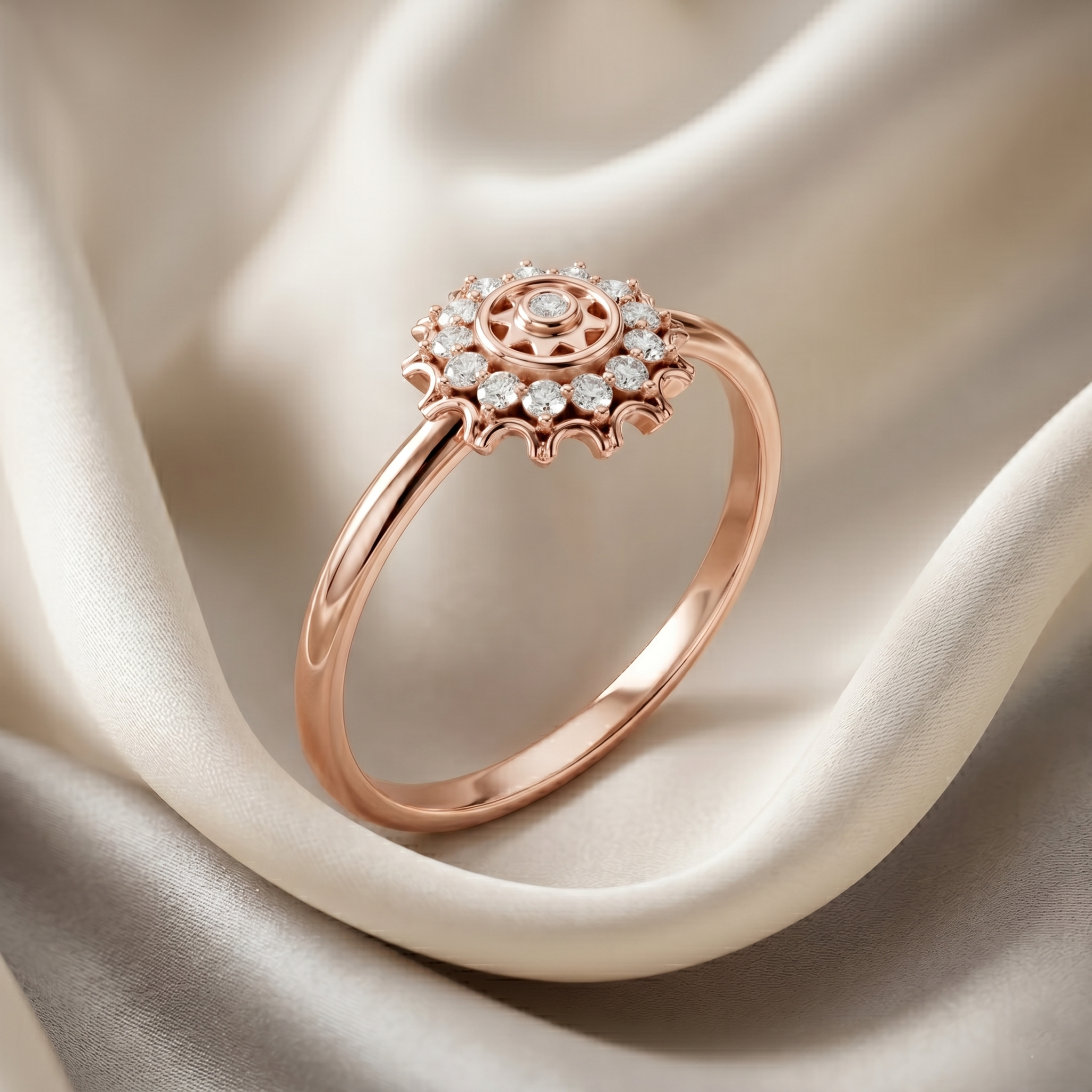 14K Solid Gold Moissanite Sunburst Ring, Vintage Celestial Gear Scalloped Halo Flower