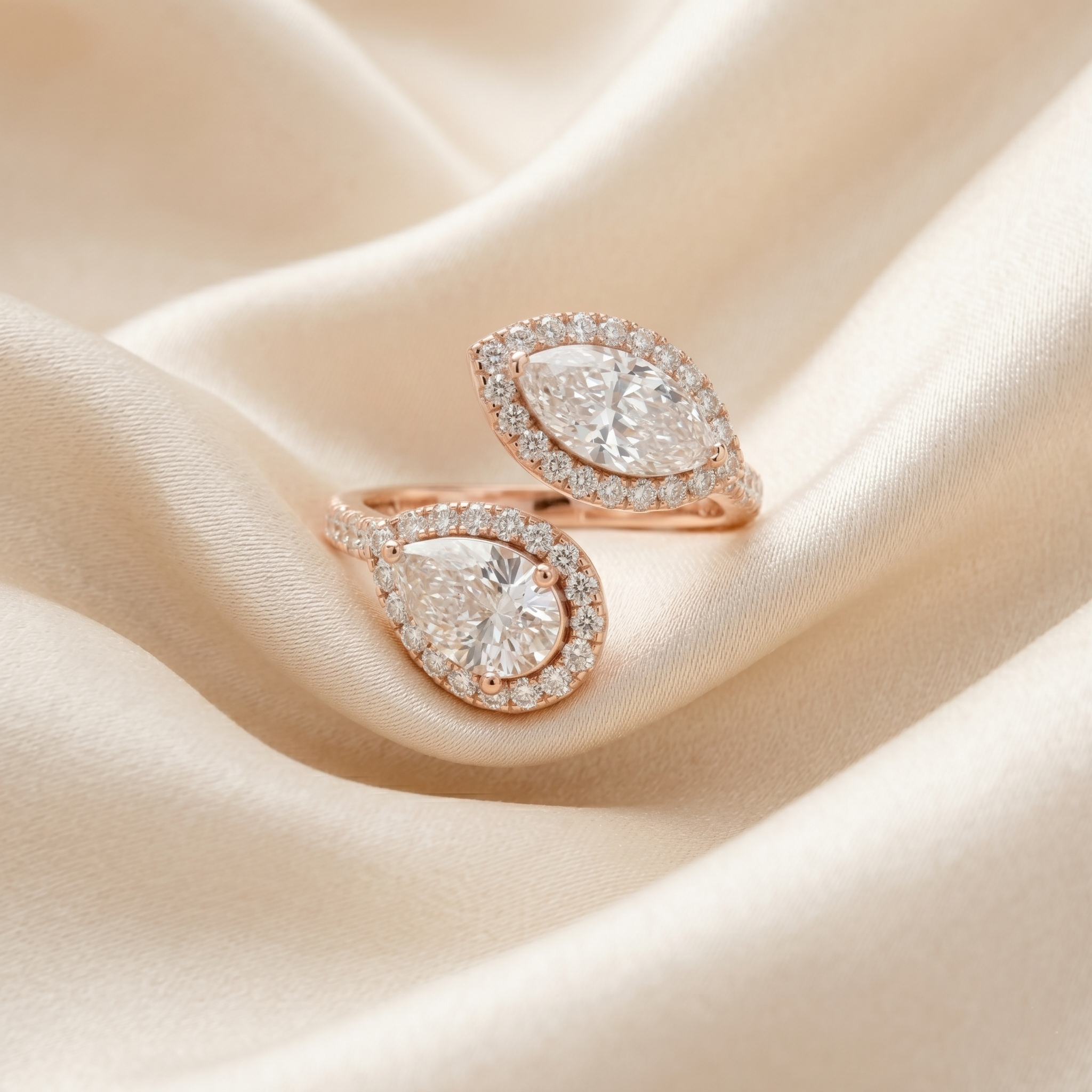 Toi et Moi Pear Marquise Moissanite Ring, Open Bypass Sterling Silver Double Halo Bridal