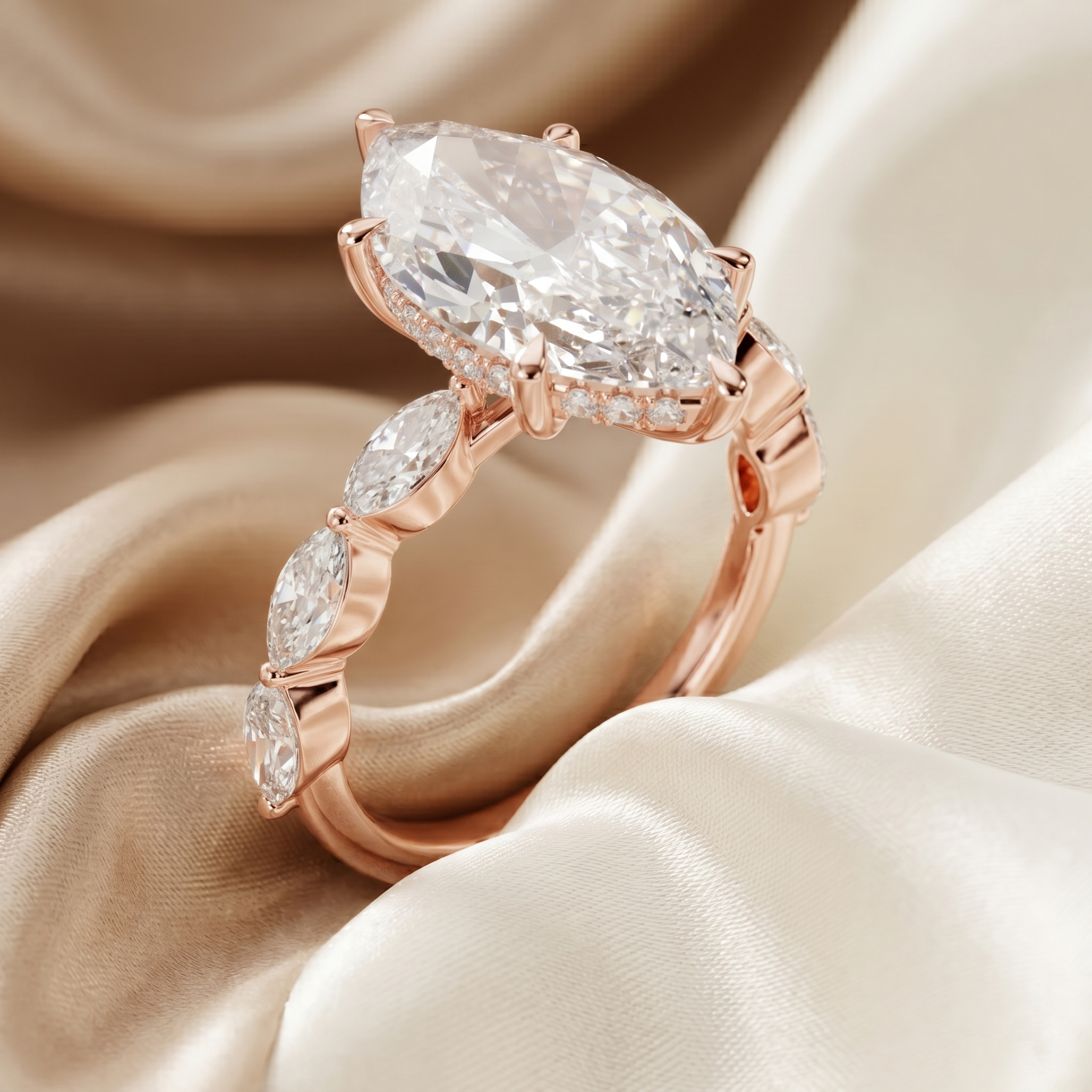 Marquise Cut Moissanite Engagement Ring, Rose Gold Sterling Silver Wedding Ring, Vintage Promise Gift
