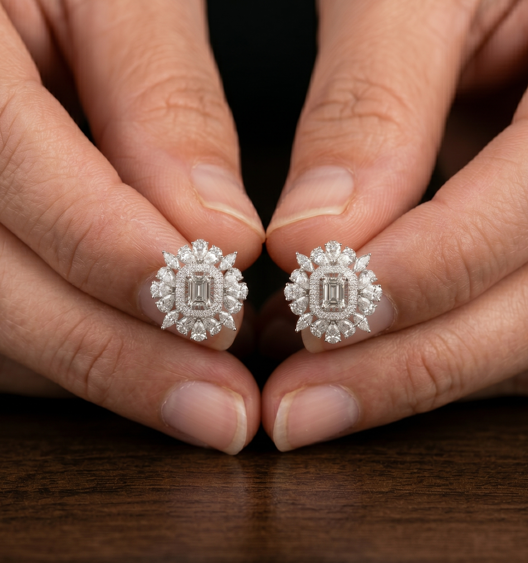 Emerald Cut Moissanite Flower Earrings, 925 Sterling Silver Halo Studs