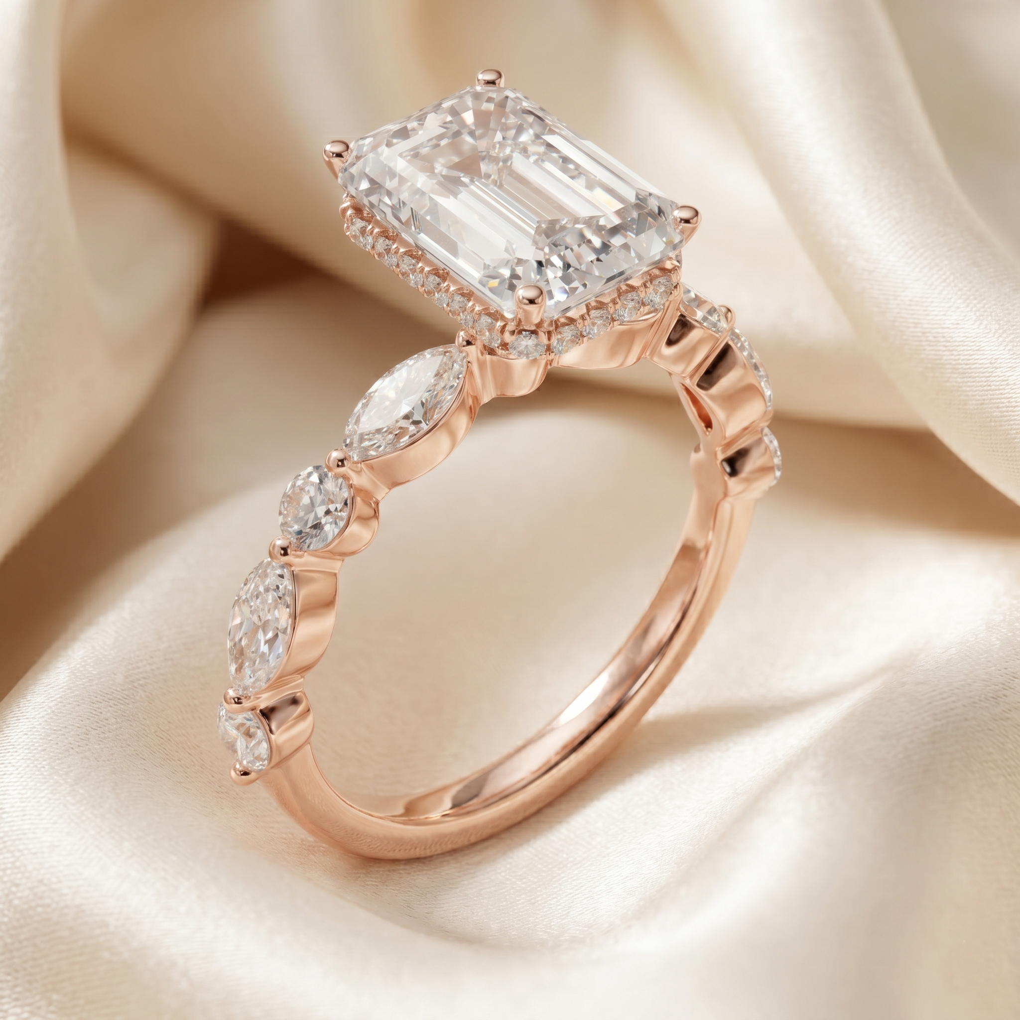 Rose Gold Emerald Cut Moissanite Ring, 925 Sterling Silver Engagement Ring
