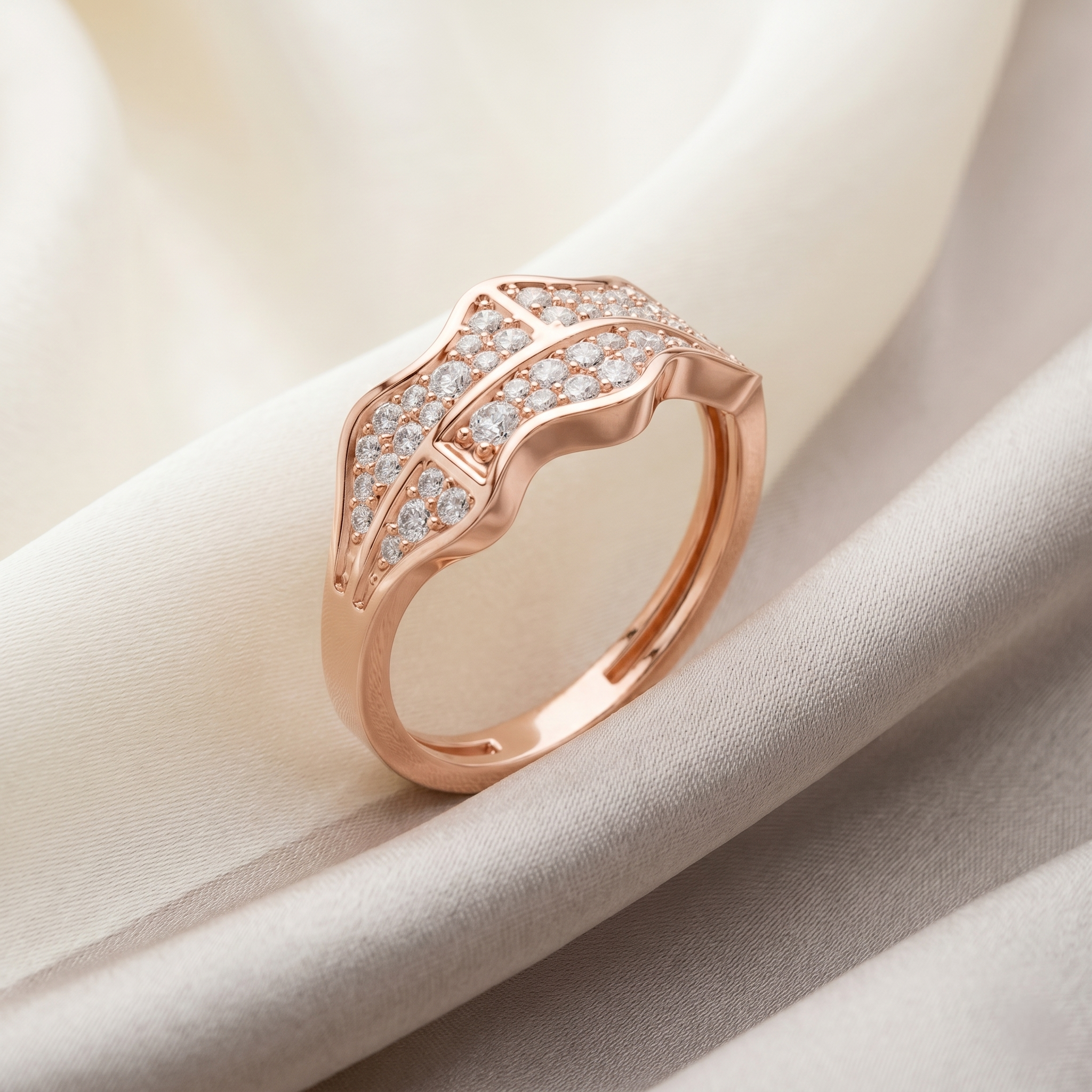 Wavy Sterling Silver Men's Statement Ring, Moissanite Cluster, Rose Gold Finish