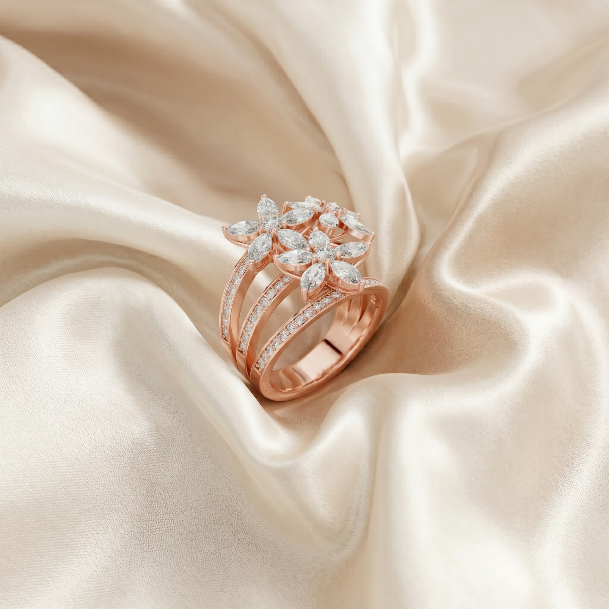 Marquise Moissanite Floral Cluster Ring, Sterling Silver Vermeil Statement Band, Multi Layer Flower Ring