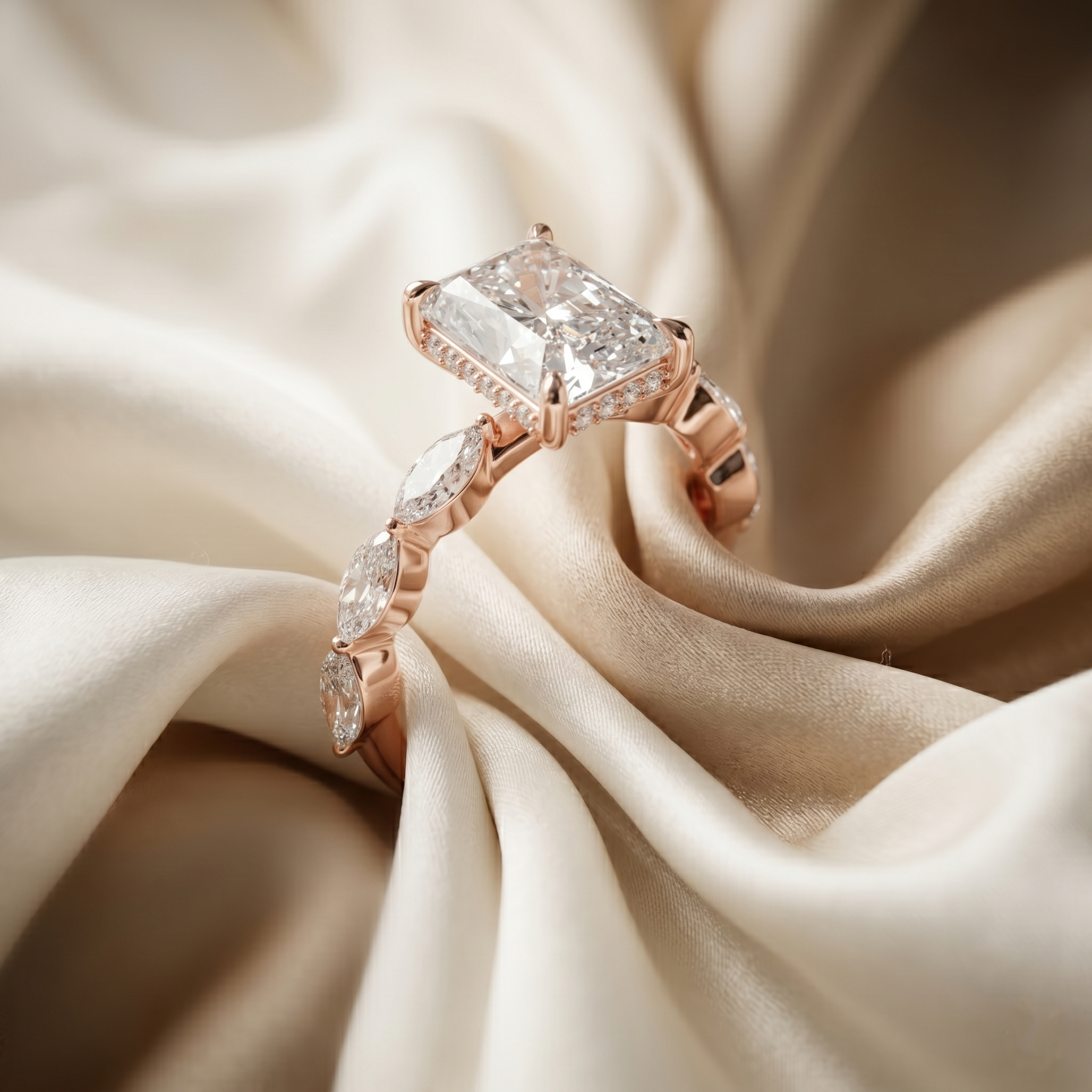 Radiant Cut Moissanite Engagement Ring, Sterling Silver Marquise Side Stone, Anniversary Promise Ring