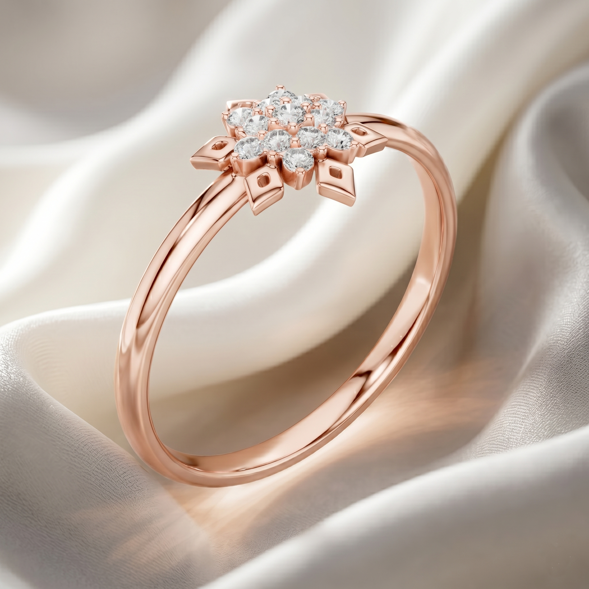 Vintage Moissanite Snowflake Ring, 14k Rose Gold Floral Starburst Engagement Wedding Band