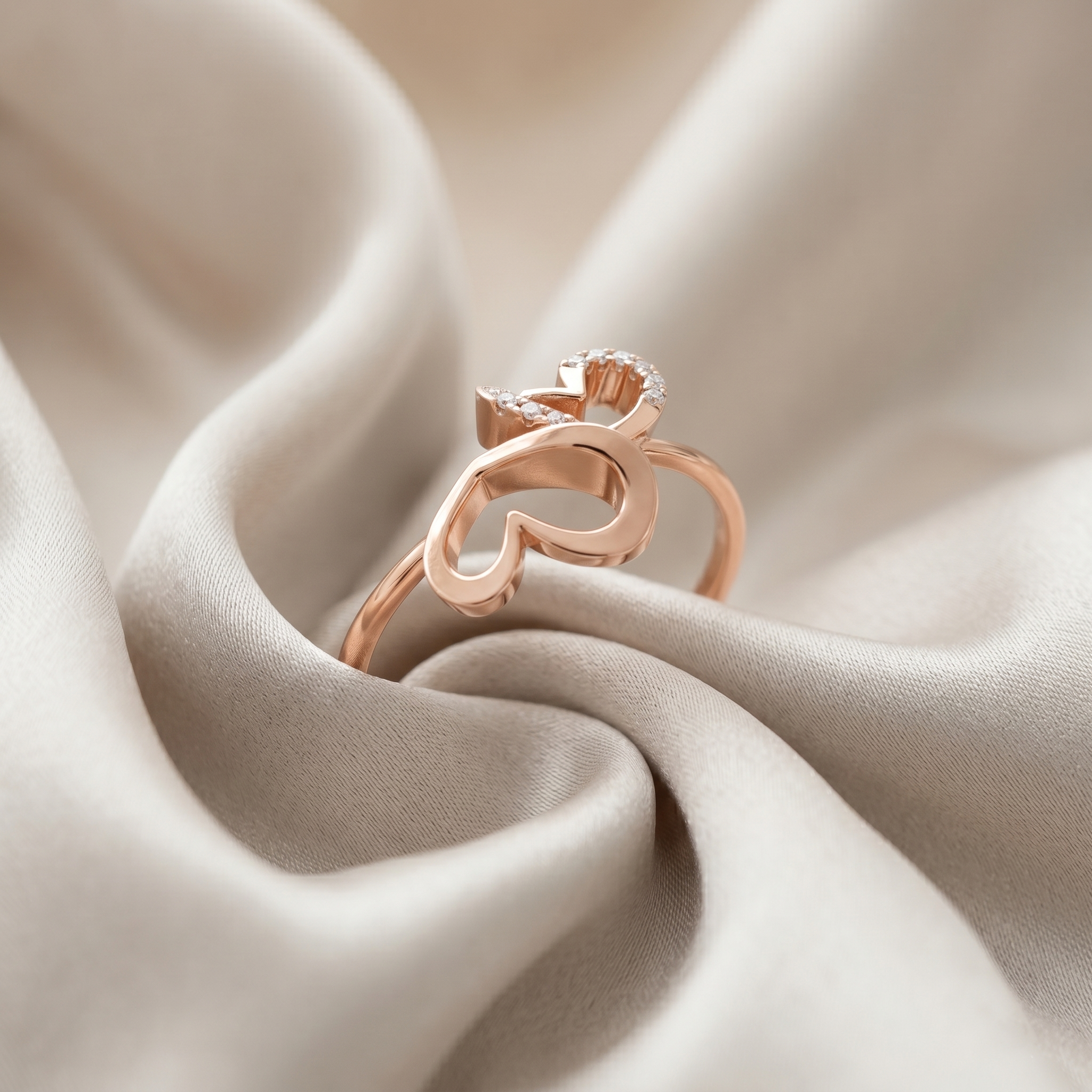 Interlocking Double Heart Moissanite Ring, 14K Solid Rose Gold, Dainty Wedding Promise Ring