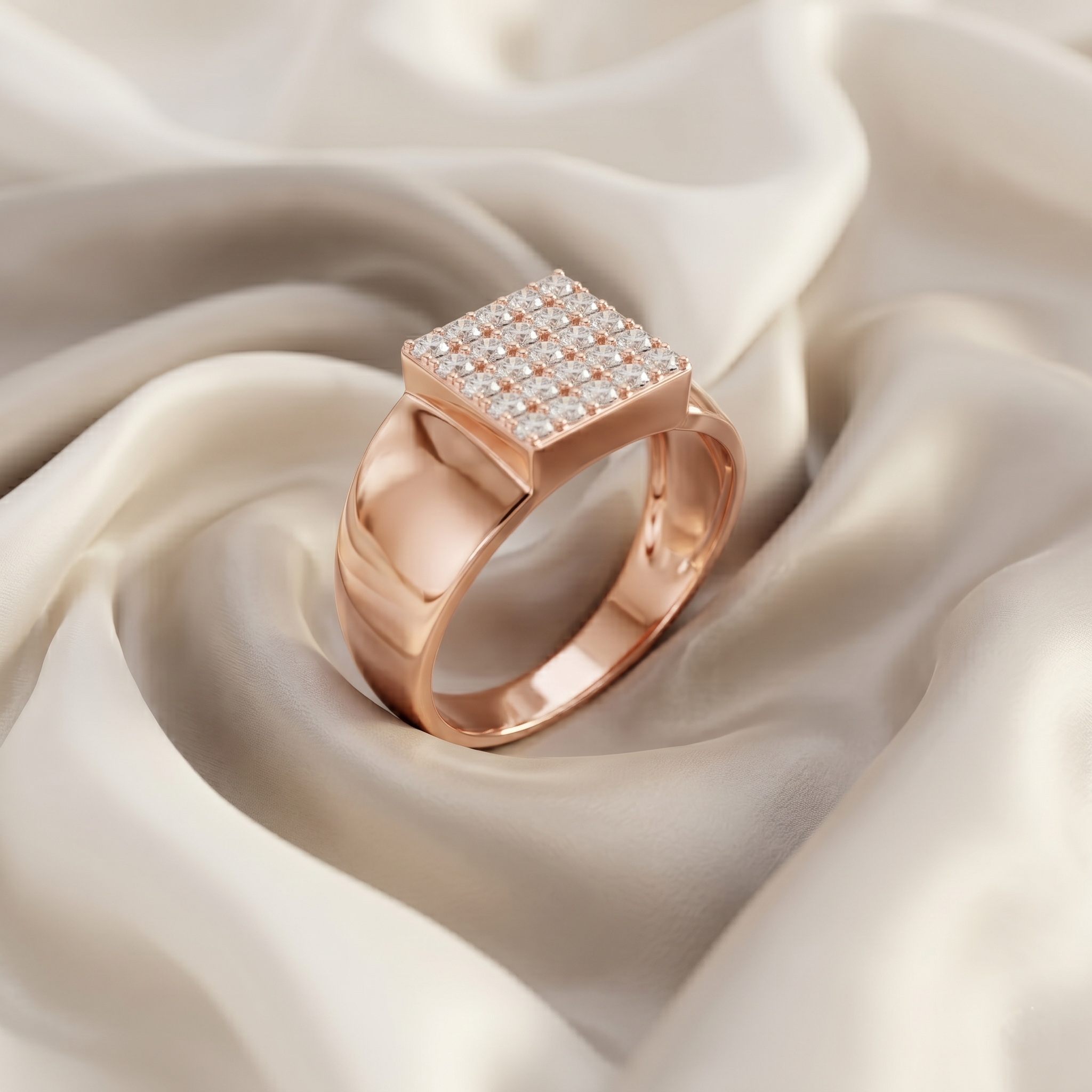 Men's Moissanite Signet Ring, Rose Gold Vermeil Sterling Silver Cluster Engagement Promise Anniversary Ring