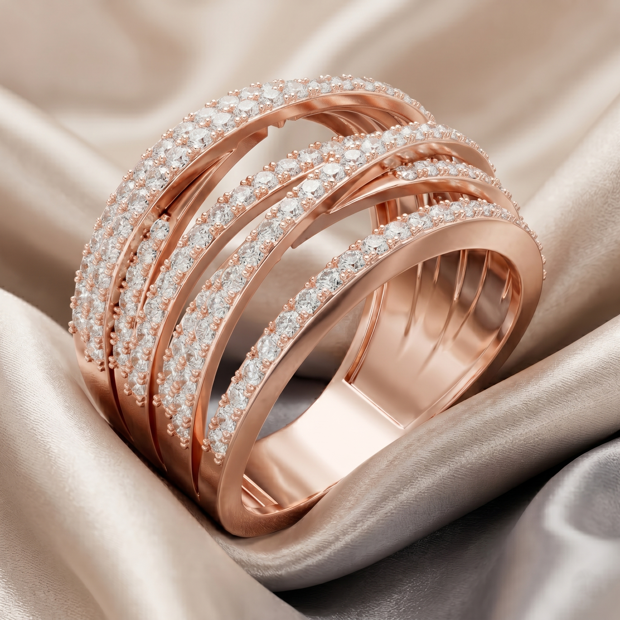 Moissanite Crossover Ring, Sterling Silver Rose Gold Multi Band Statement Ring