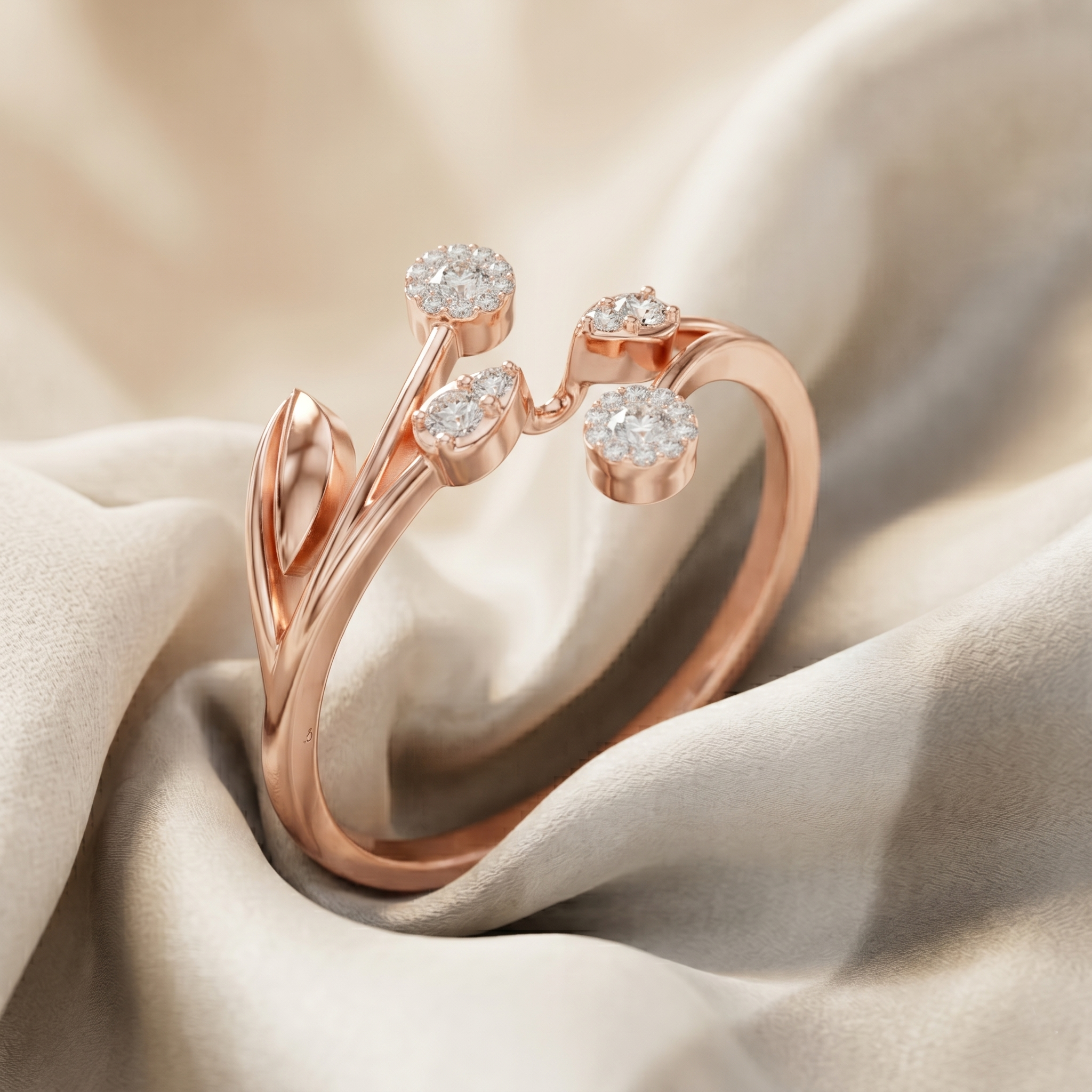 14k Solid Gold Swirl Leaf Moissanite Ring, Nature Inspired Cluster Wrap Curved Ring