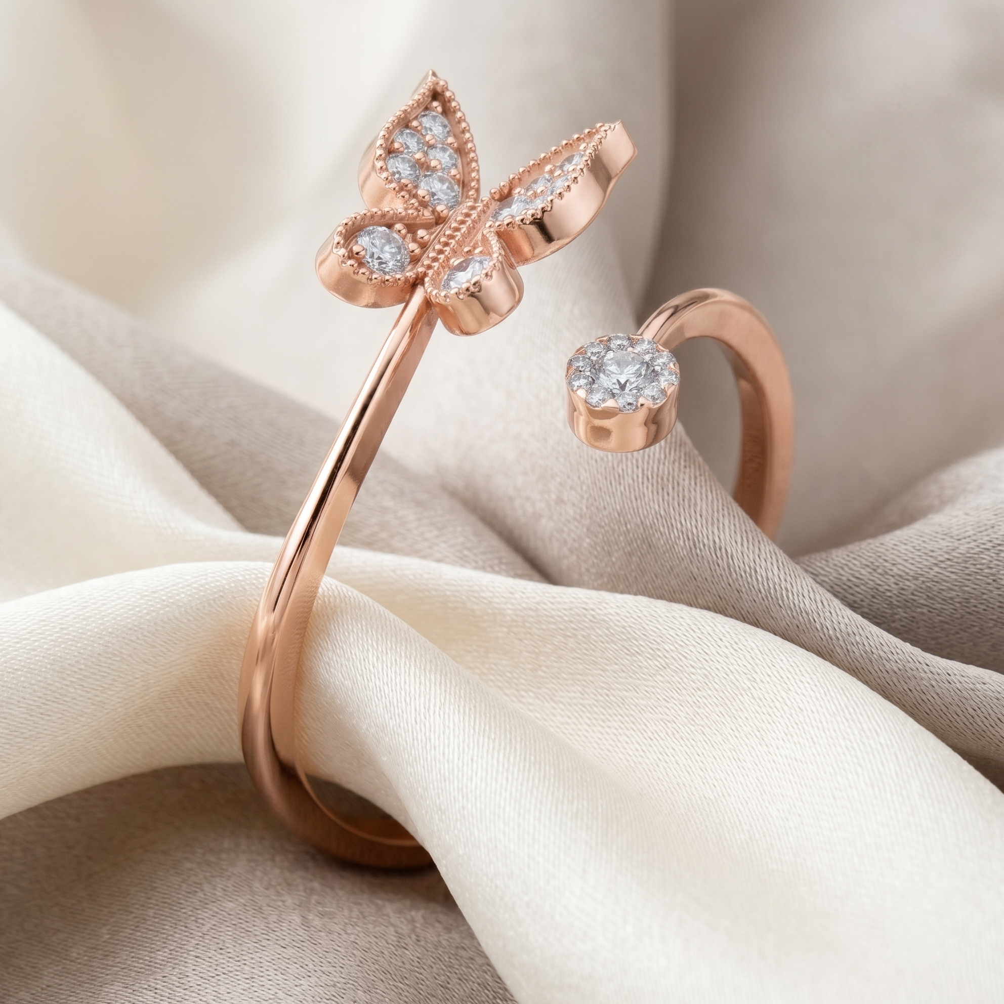 14K Solid Gold Butterfly Ring, Moissanite Open Wrap, Nature Inspired Milgrain Detail