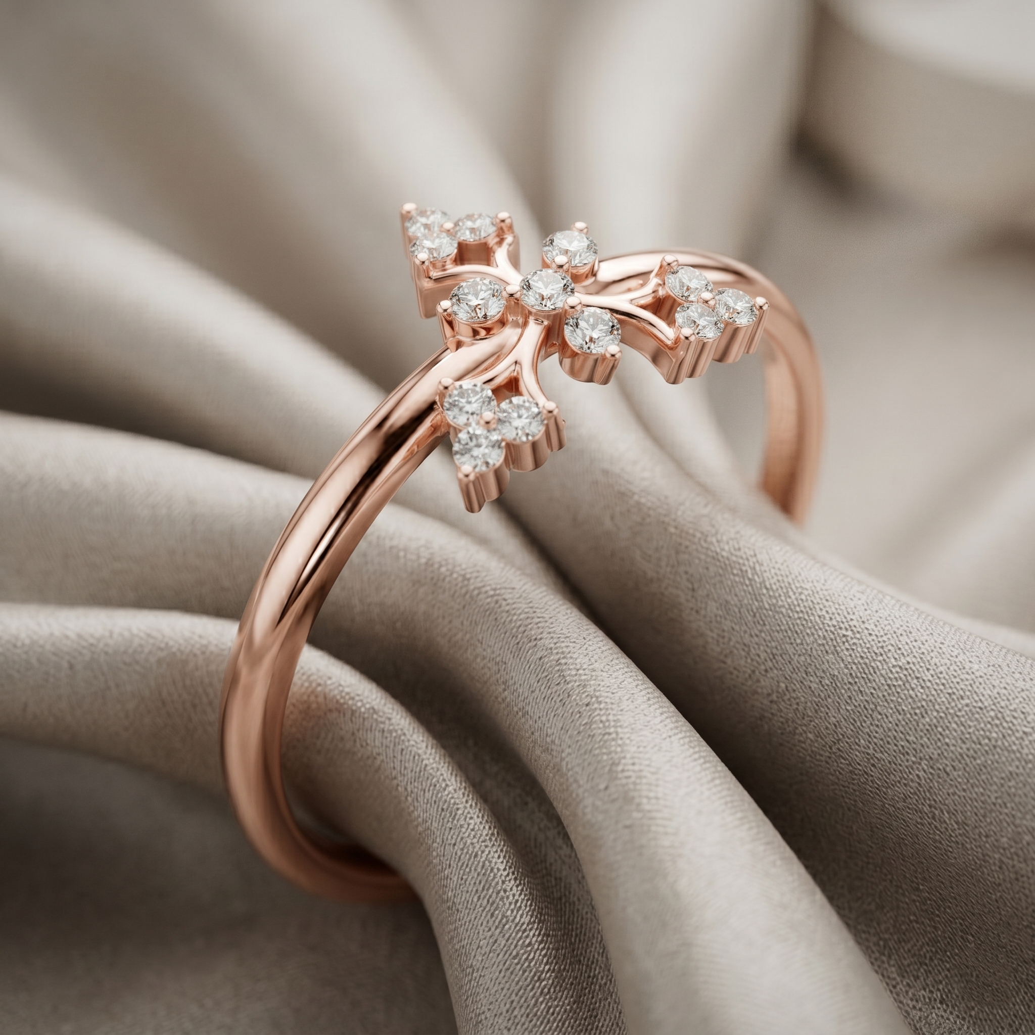 Dainty Snowflake Crown Moissanite Ring, 14K Solid Gold, Vintage Floral Nature Stacking Band