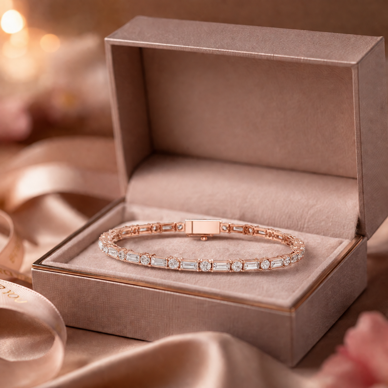Baguette Round Moissanite Tennis Bracelet, 925 Sterling Silver Art Deco Dainty Wedding Jewelry