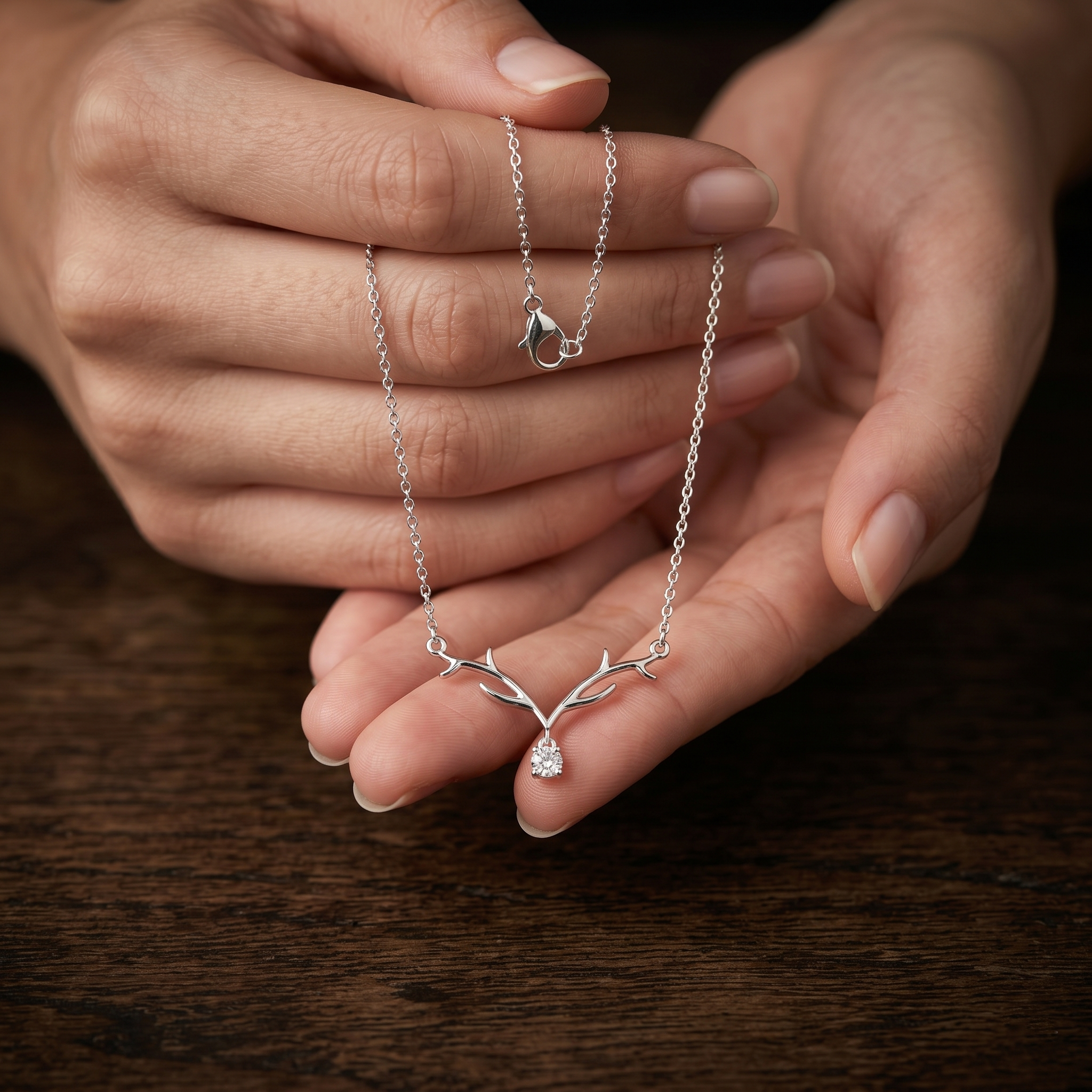 Moissanite Antler Necklace, Sterling Silver Woodland Bridal Jewelry