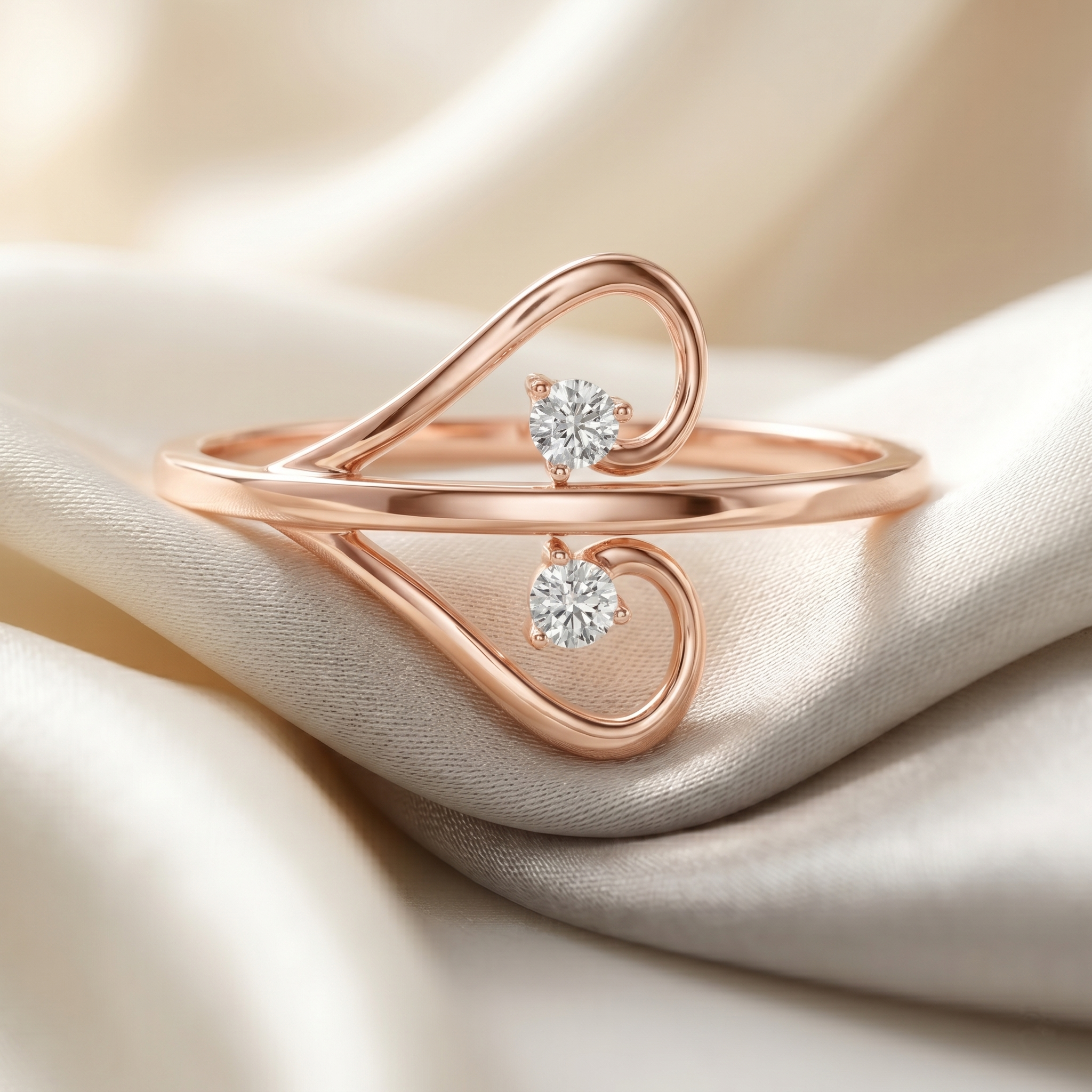 Open Heart Bypass Moissanite Ring, 14K Solid Gold, Minimalist Two Stone Promise Ring