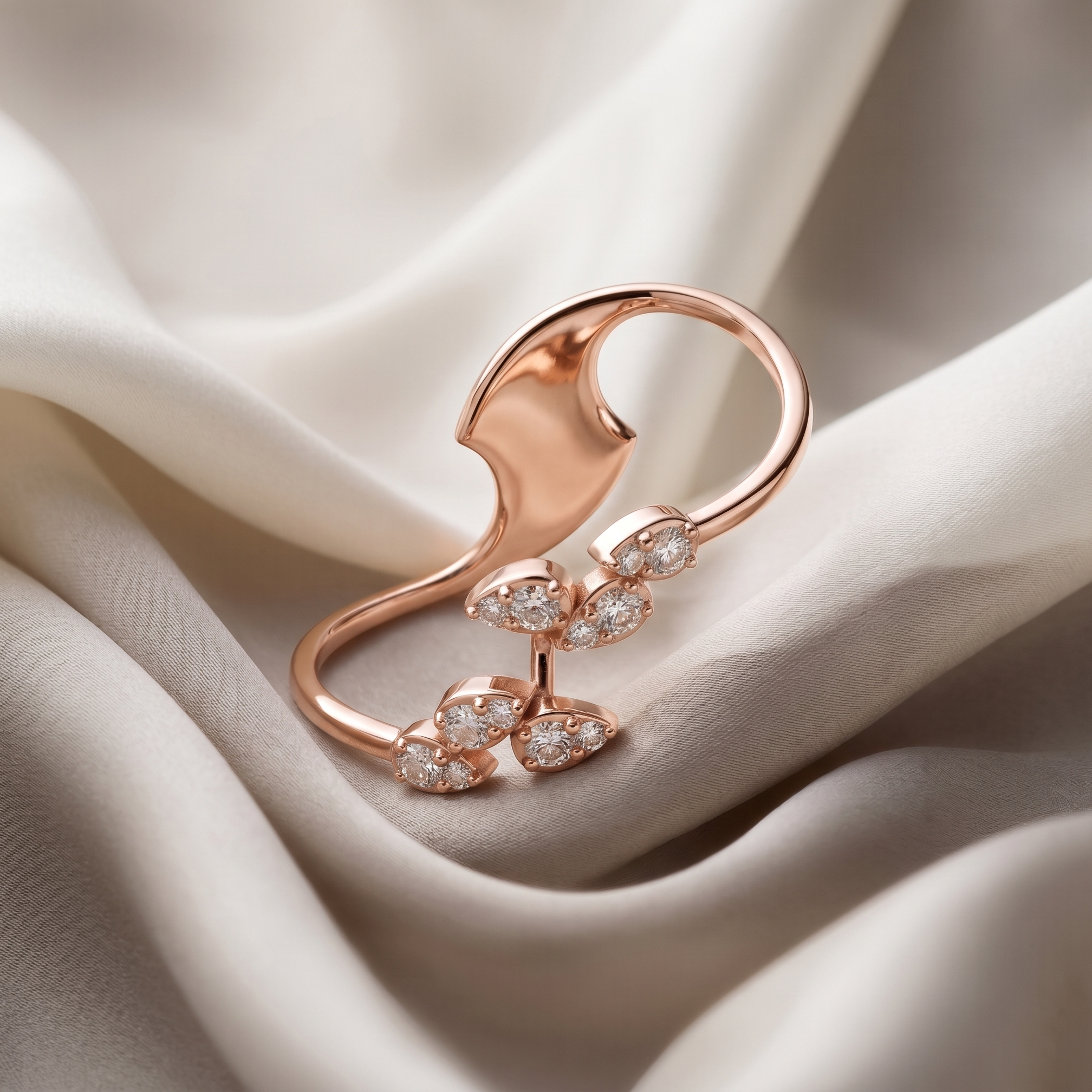 14K Solid Gold Twig Moissanite Ring, Leaf Cluster Statement Nature Inspired Vine Ring