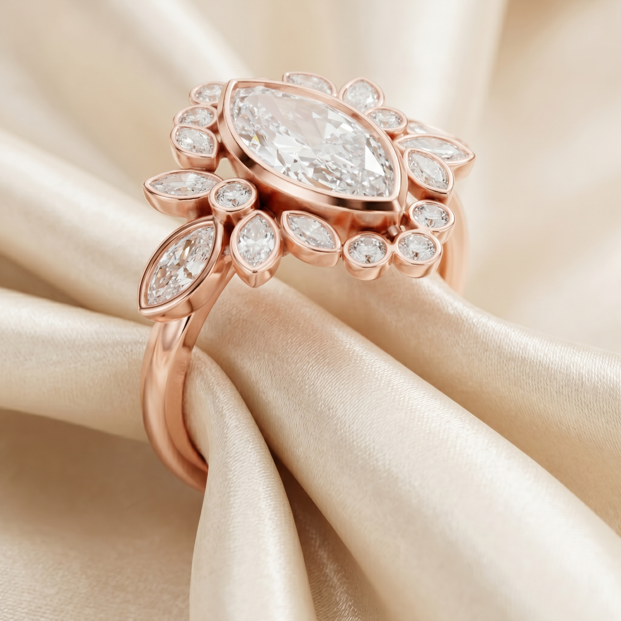 Marquise Cut Moissanite Engagement Ring, Rose Gold Over Silver Vintage Halo Ring, Art Deco Cluster Promise Ring, Handmade Fine Jewelry Gift