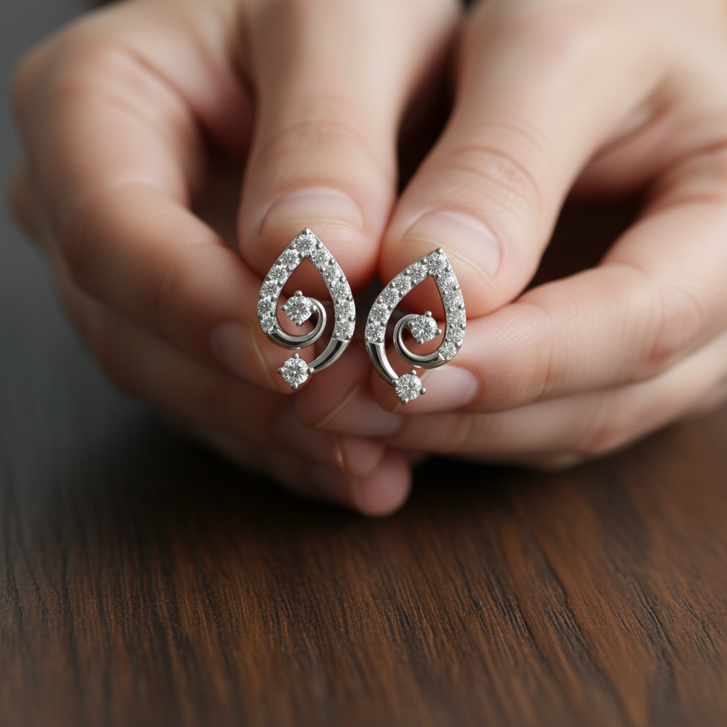 Moissanite Pear Swirl Studs, 925 Sterling Silver Dainty Bridal Earrings