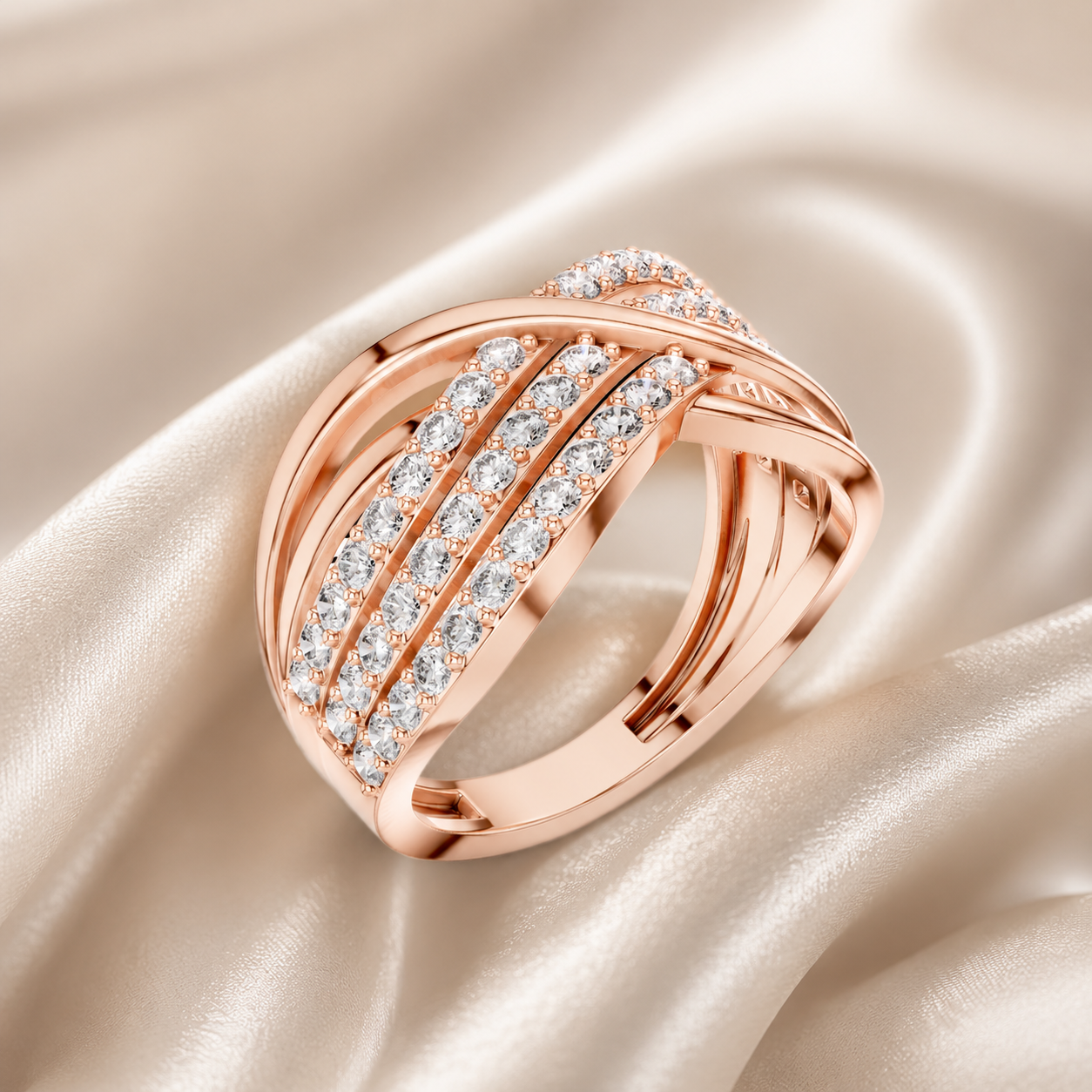 Multi Row Moissanite Criss Cross Ring, Sterling Silver Wide Band Statement Wedding Ring