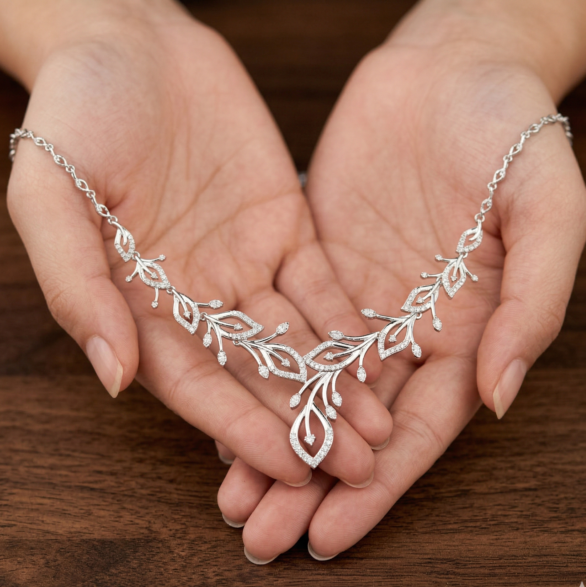 Moissanite Leaf Vine Necklace, Sterling Silver, Nature Inspired Bridal Jewelry