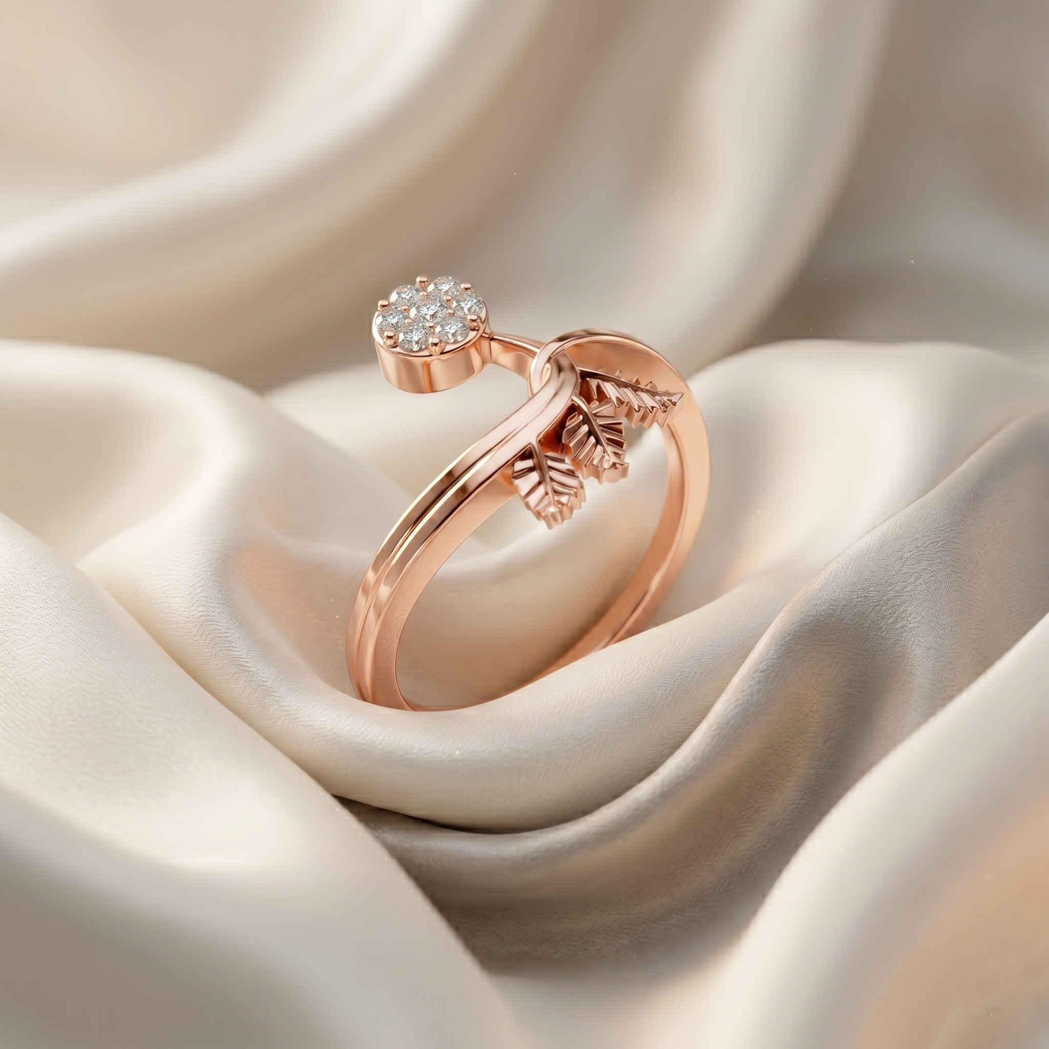 14K Solid Gold Leaf Branch Moissanite Ring, Nature Inspired Botanical Engagement Floral Ring