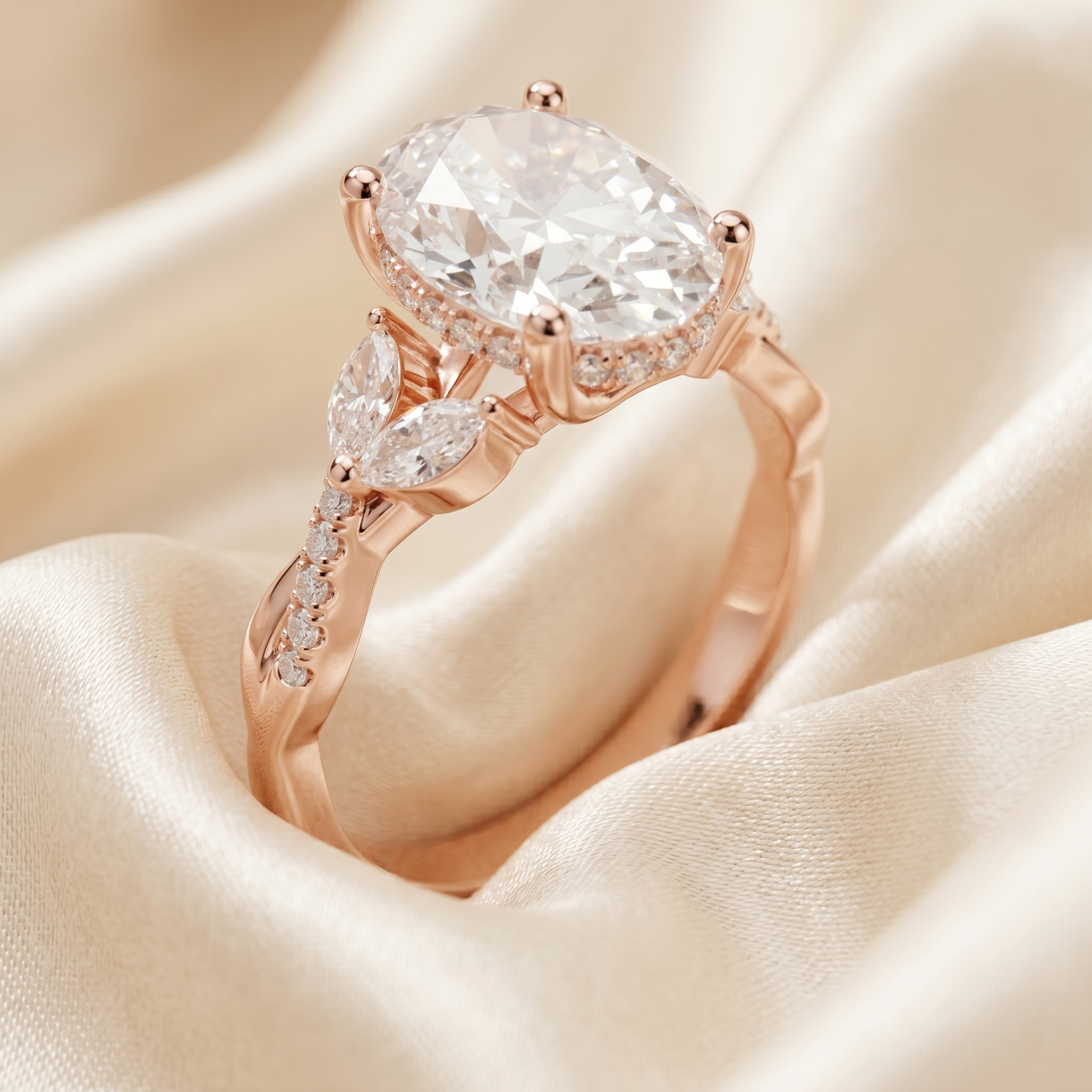 Vintage Oval Cut Moissanite Ring in 925 Sterling Silver, Twisted Pavé Vermeil Antique Style Bridal Unique Gift Floral Cluster Promise Ring