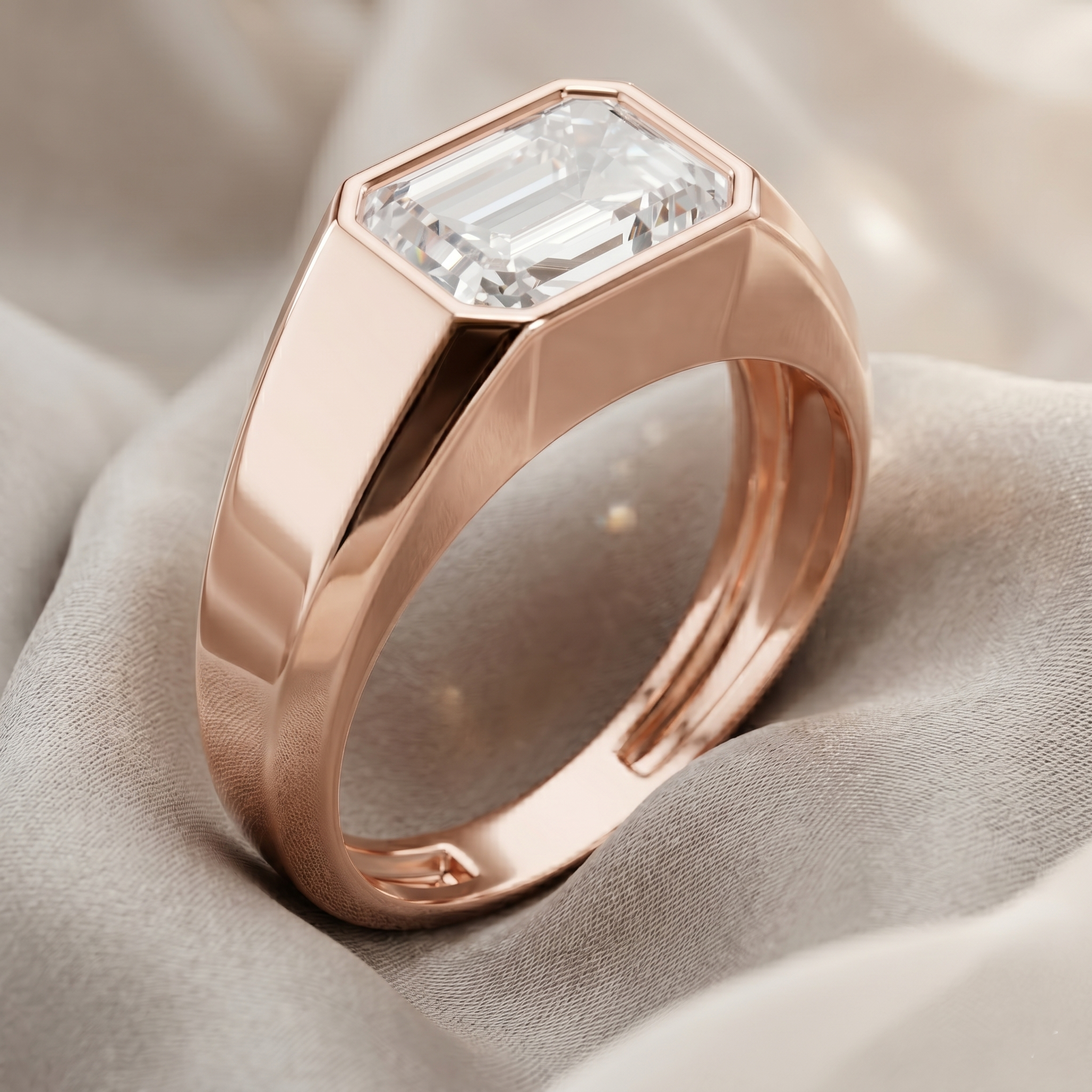 Emerald Cut Moissanite Men's Signet Ring, 925 Sterling Silver Rose Gold Statement Anniversary Gift