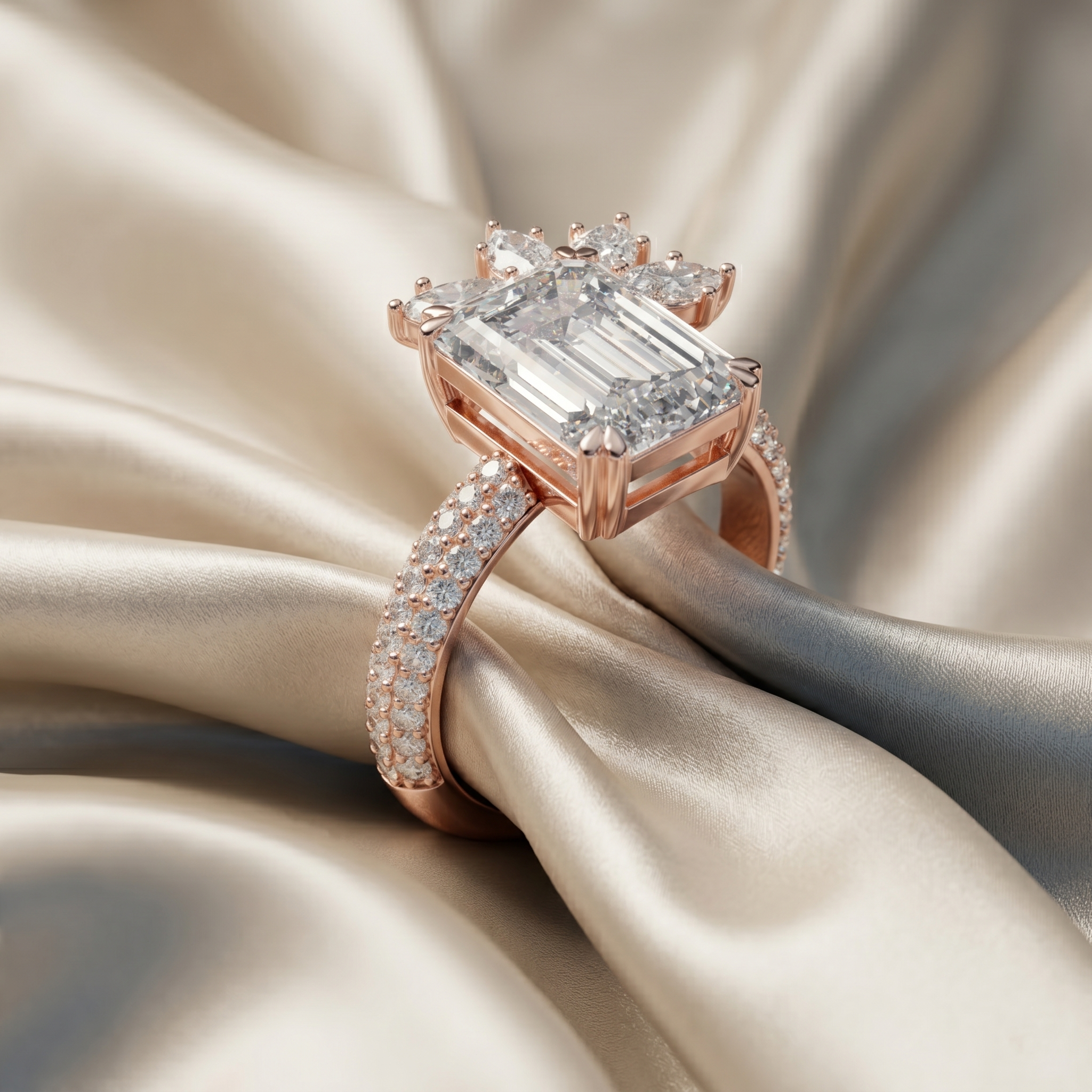 Emerald Cut Moissanite Ring in 925 Sterling Silver, Statement Marquise Cluster Unique Floral Crown Pave Band Wedding Ring Gifts for Her