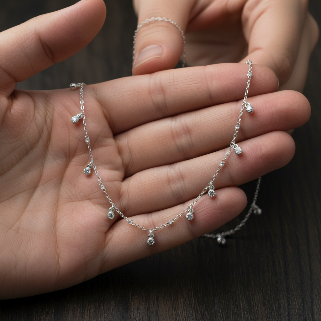 Droplet Moissanite Necklace, Sterling Silver, Round Bezel Dangle Chain, Bridal Boho Chic