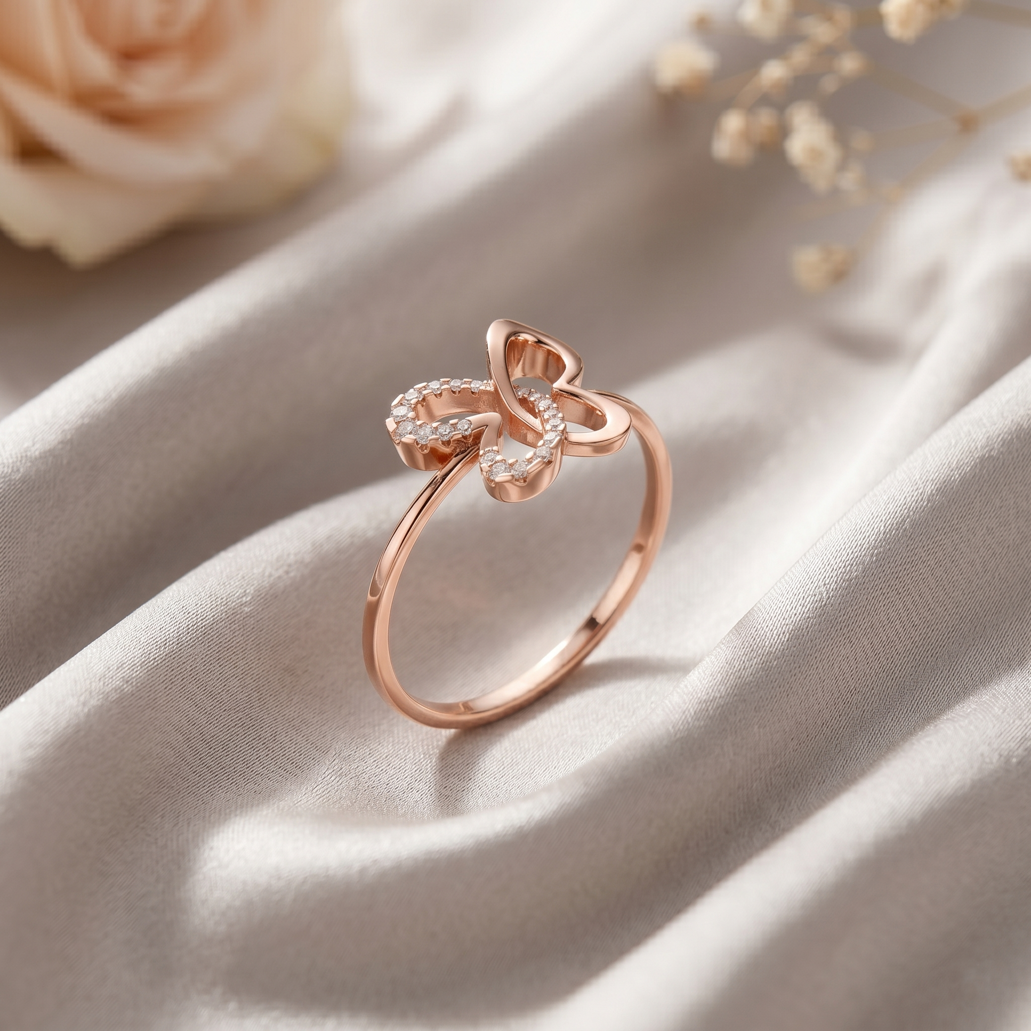 Solid 14k Rose Gold Butterfly Ring, Genuine Moissanite Statement Jewelry