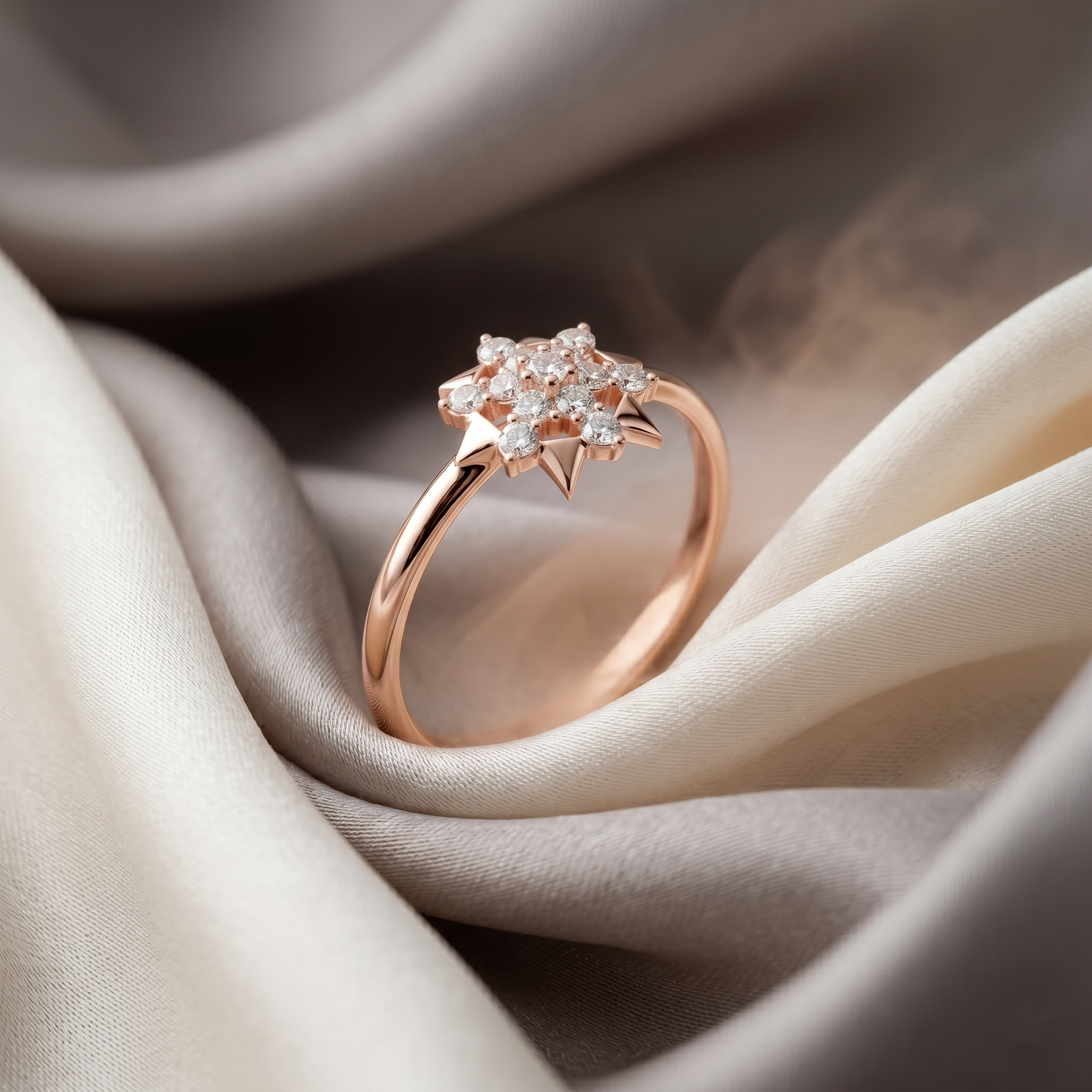 14K Solid Gold Snowflake Moissanite Ring, Floral Starburst Anniversary Promise Ring