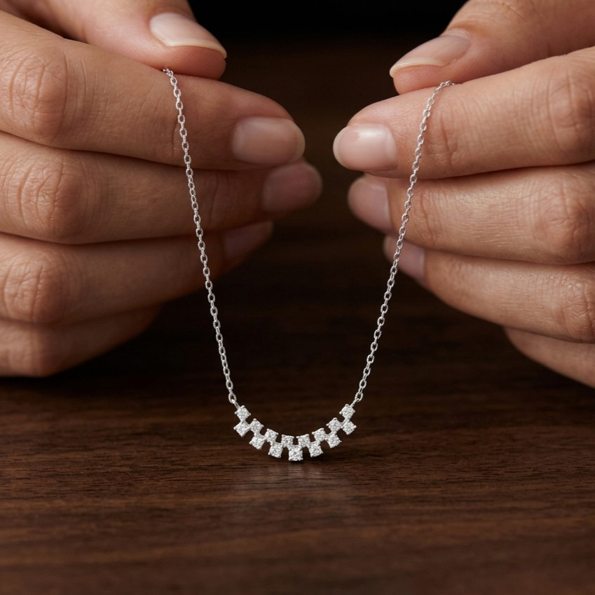 Moissanite Arc Necklace, 925 Sterling Silver, Dainty Graduated Pendant