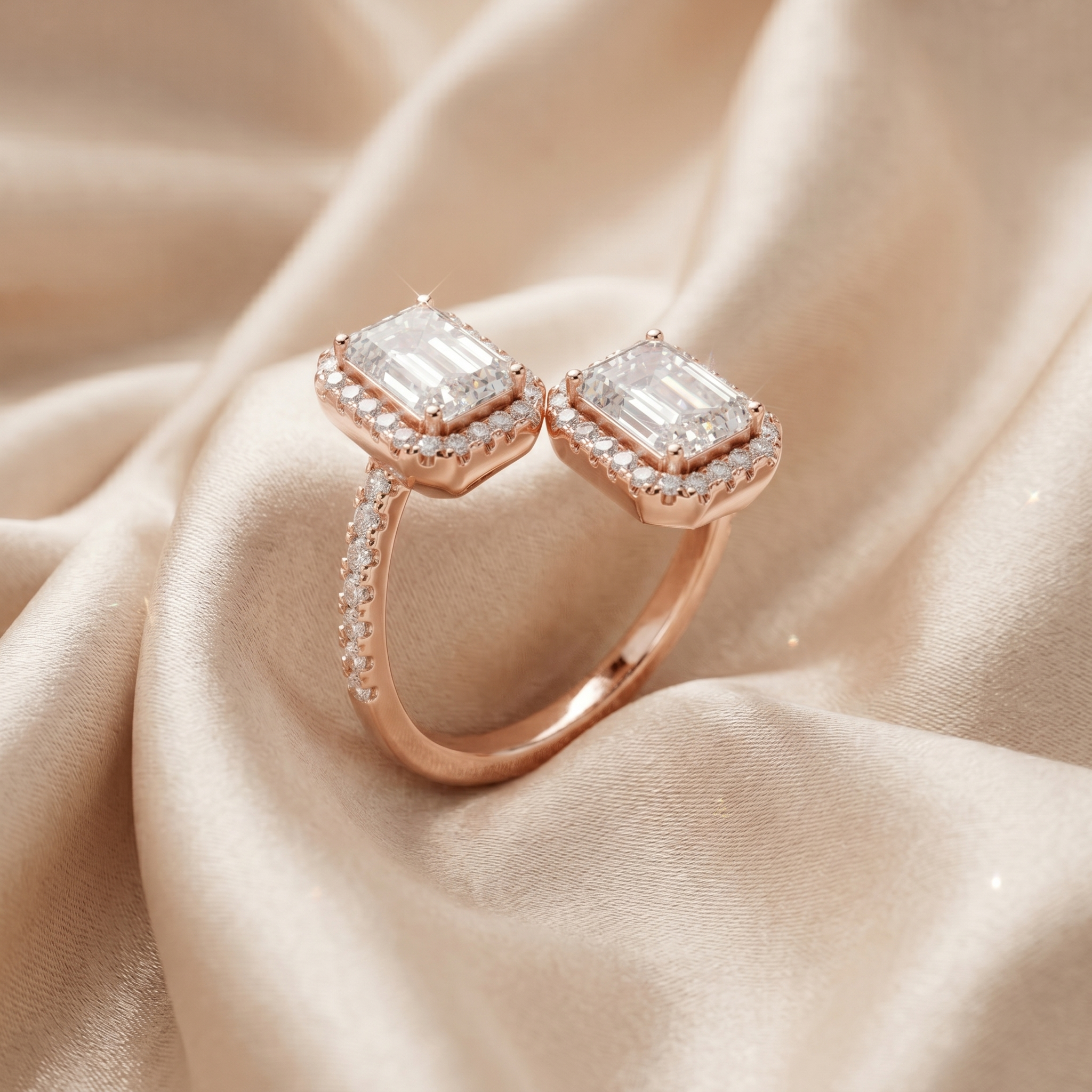Toi et Moi Moissanite Ring, Emerald Cut Two Stone Open Bypass, Sterling Silver Engagement