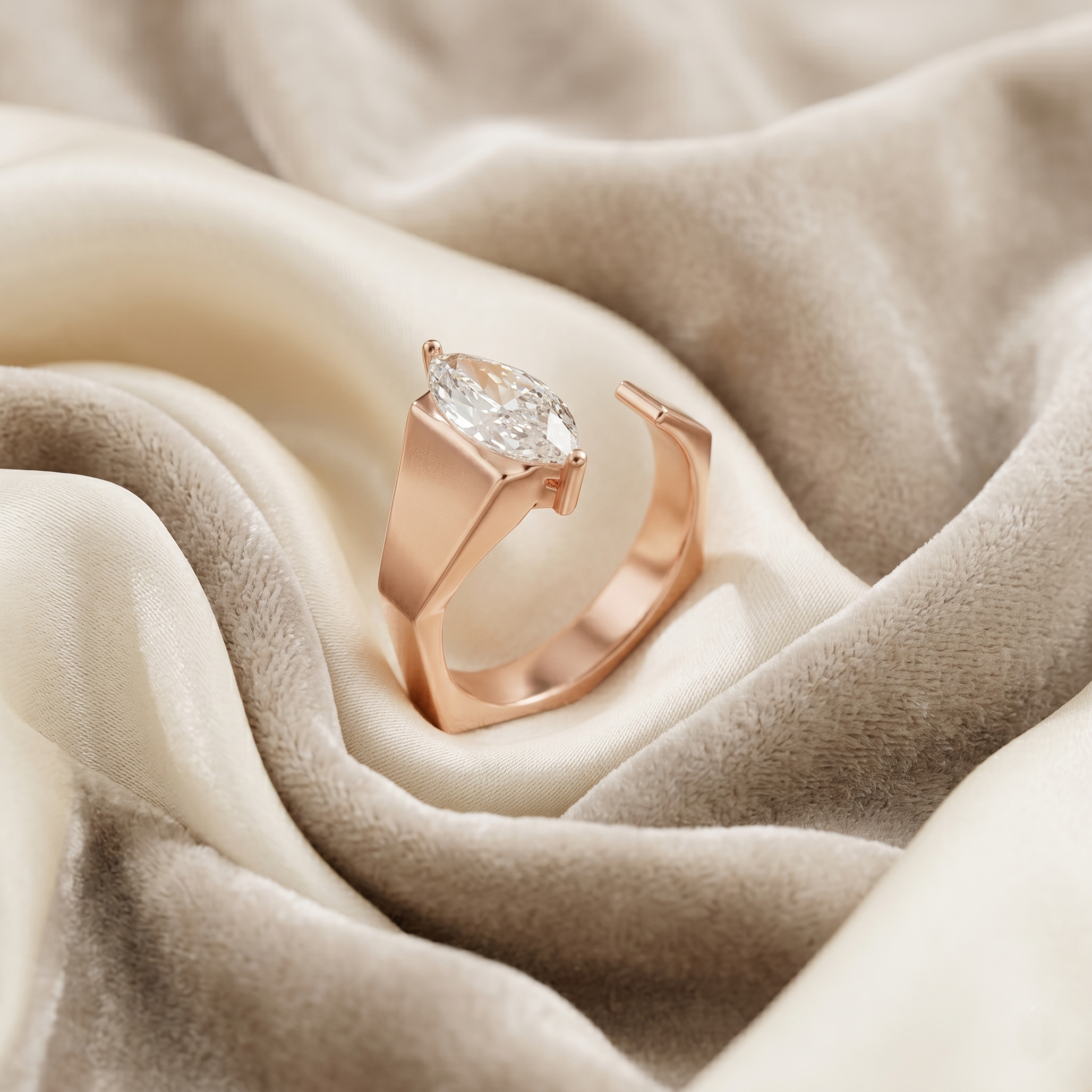 Men's Open Band Marquise Moissanite Ring, Rose Gold Sterling Silver, Modern Minimalist Groom Ring