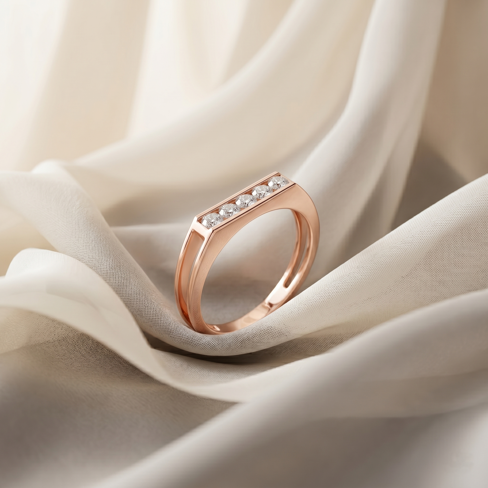 Men's Moissanite Wedding Band, Sterling Silver Five Stone Ring, Rose Gold Finish