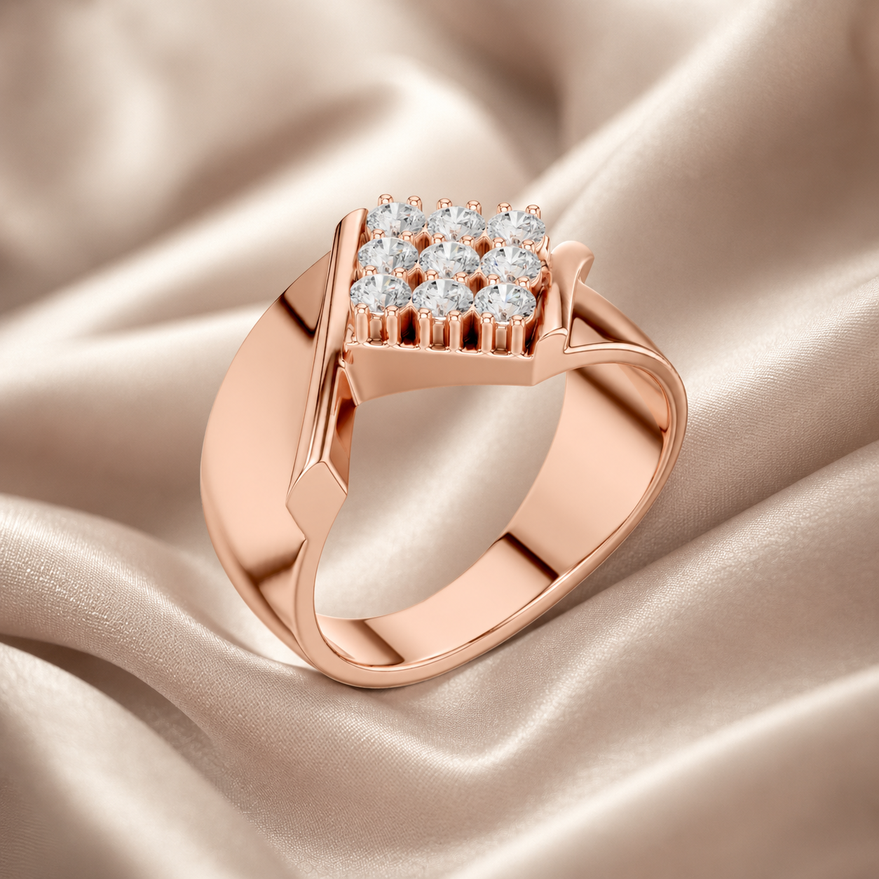 Men's Square Moissanite Ring, Rose Gold Plated Sterling Silver, Round Cut Cluster Ring