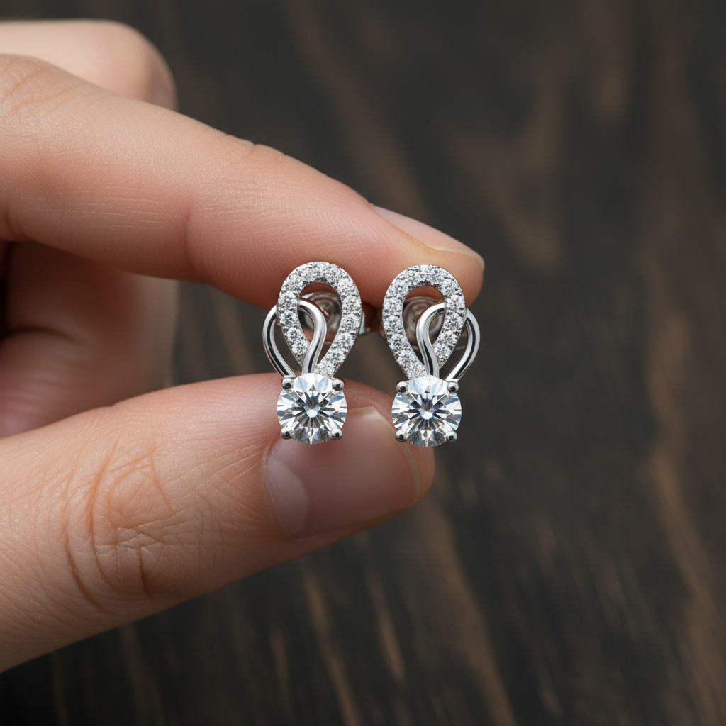 Moissanite Stud Earrings, 925 Sterling Silver, Art Deco Bridal Wedding Jewelry