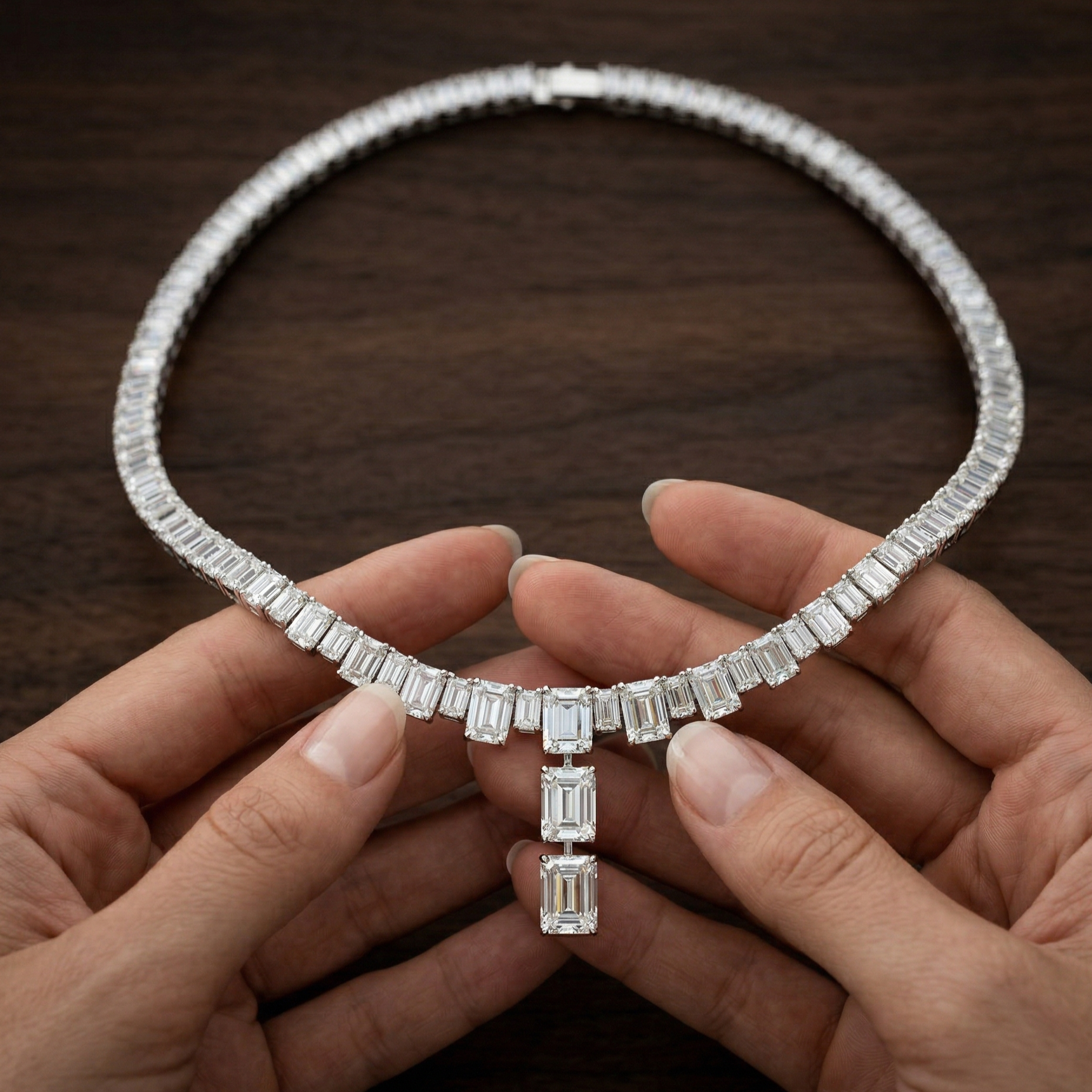 Emerald Cut Moissanite Tennis Necklace, 925 Sterling Silver, Bridal Choker