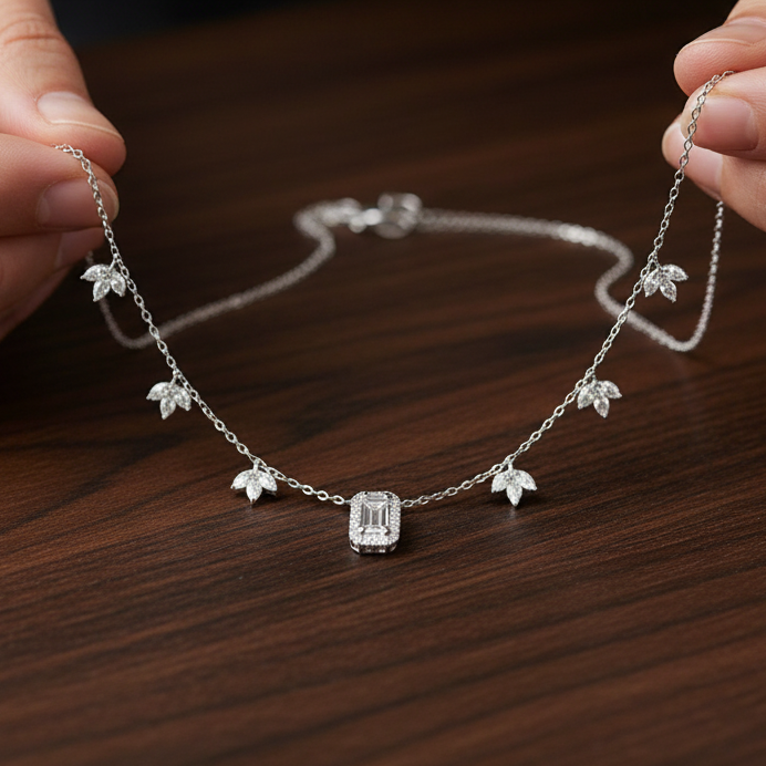 Emerald Cut Moissanite Leaf Charm Necklace, 925 Sterling Silver Nature Jewelry