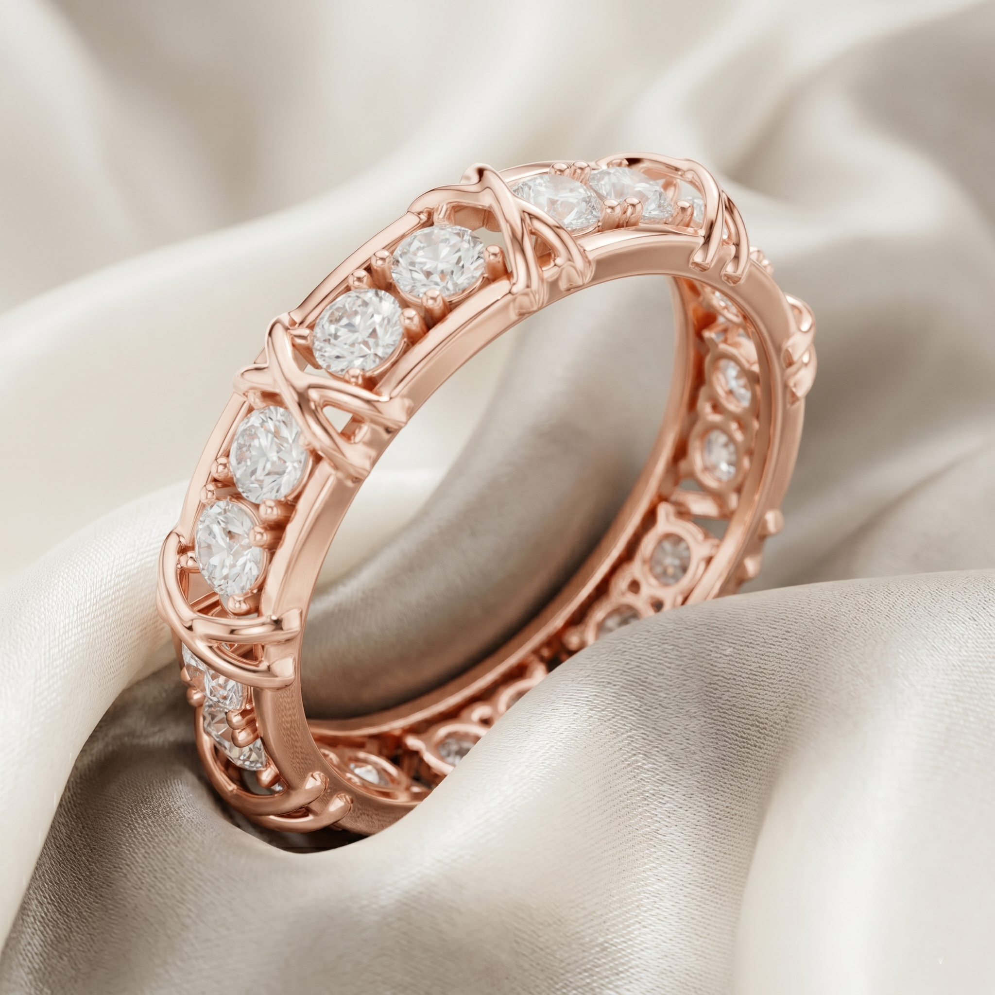 Sterling Silver Moissanite Cross Band Ring, Rose Gold Finish Eternity Wedding Band
