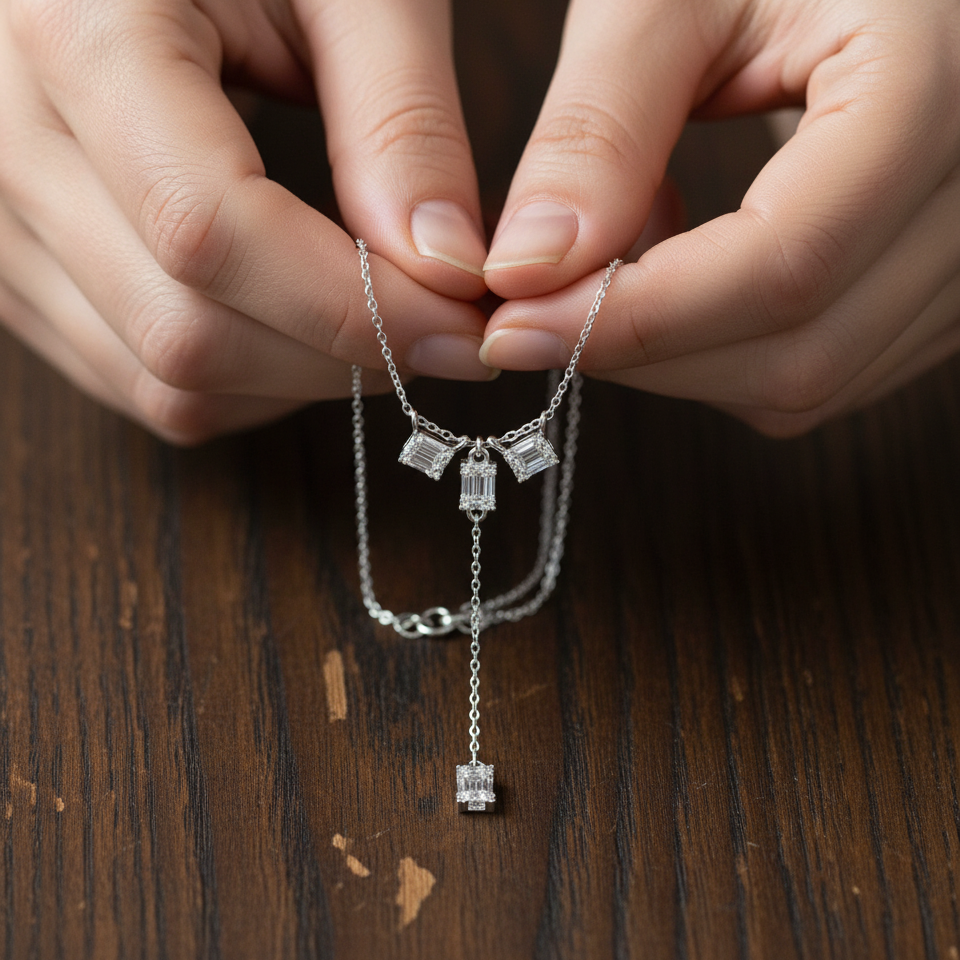 Baguette Moissanite Drop Necklace, Sterling Silver Y Pendant, Geometric Bridal Dainty Jewelry