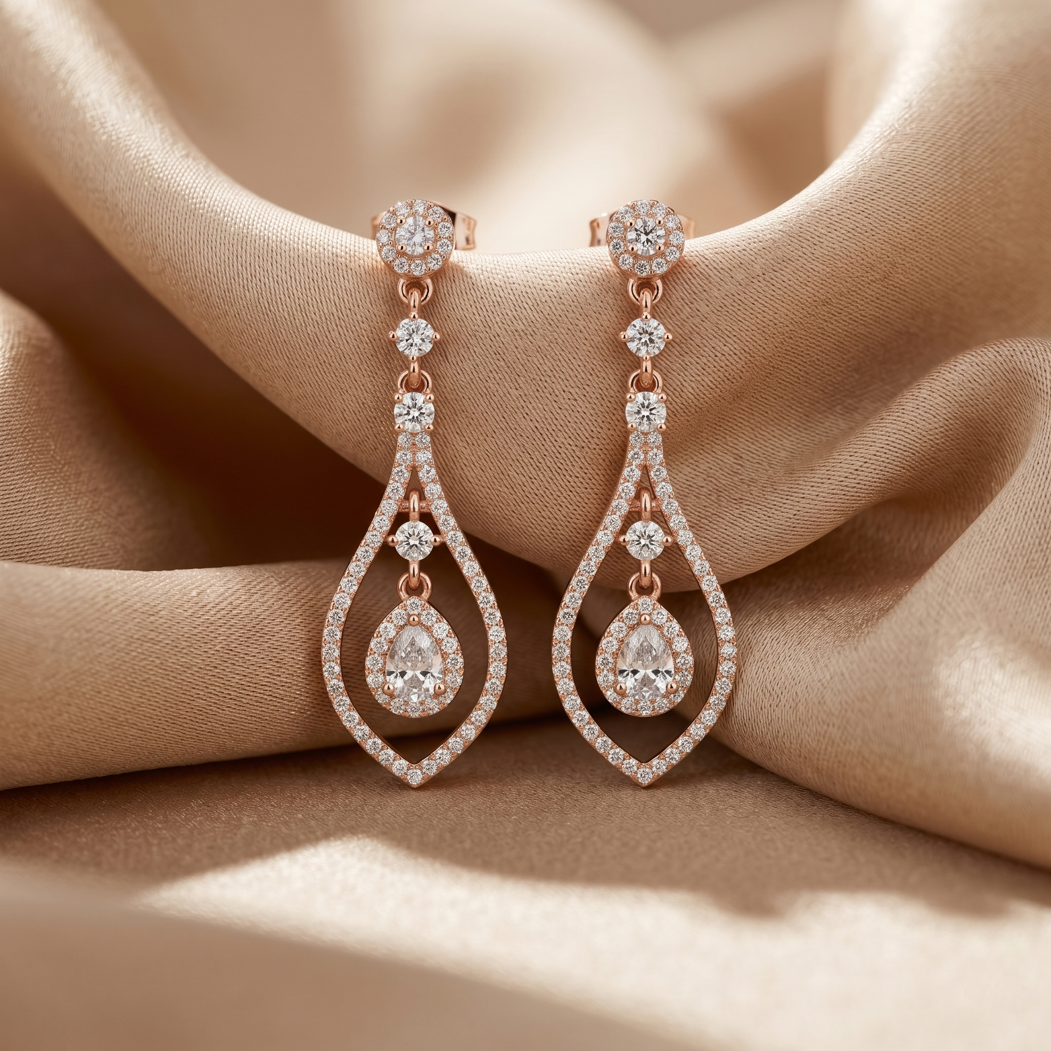 Moissanite Tear Drop Dangle Earrings, 925 Sterling Silver Rose Gold Halo Chandelier