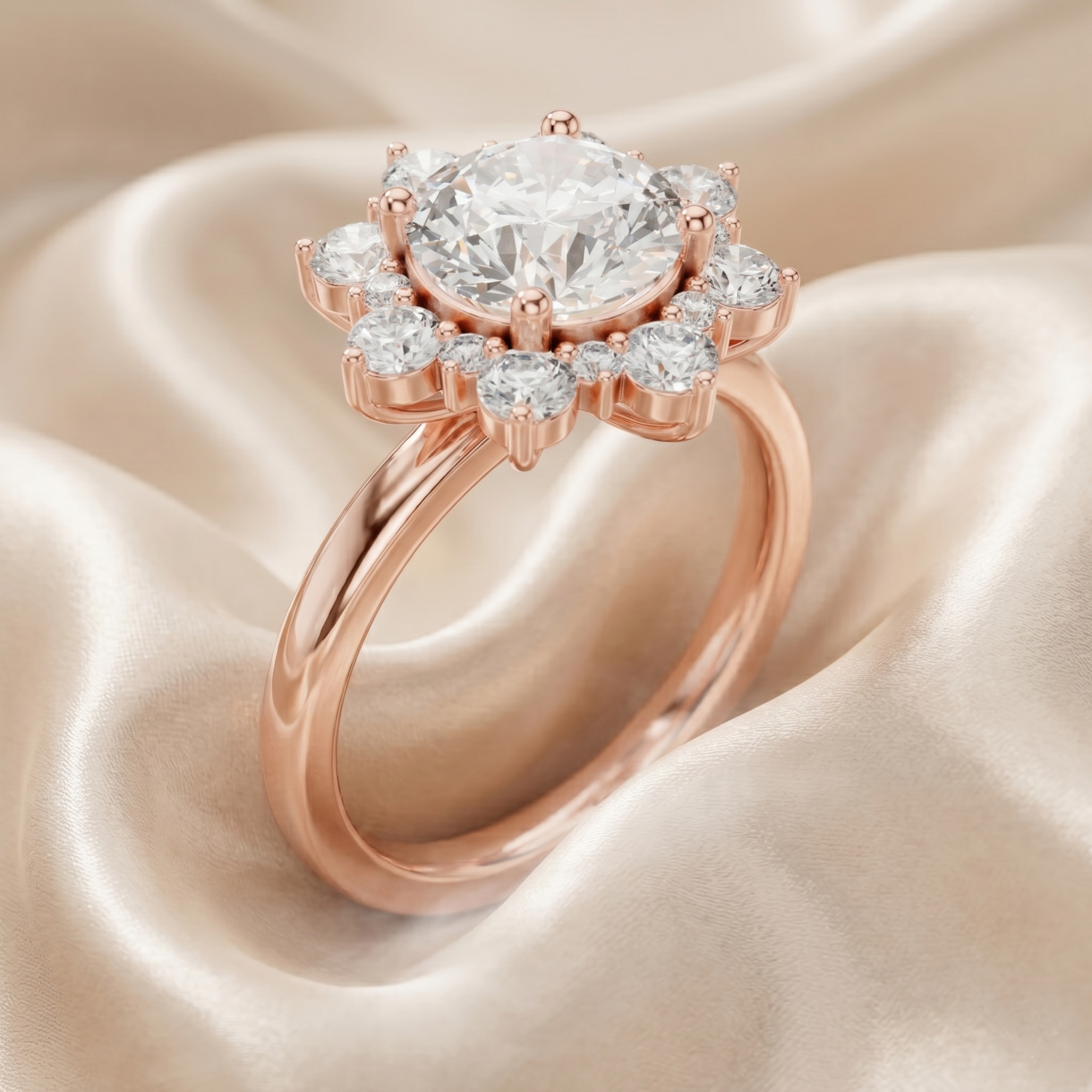 Round Cut Moissanite Snowflake Engagement Ring, Rose Gold Plated Sterling Silver Wedding Jewelry