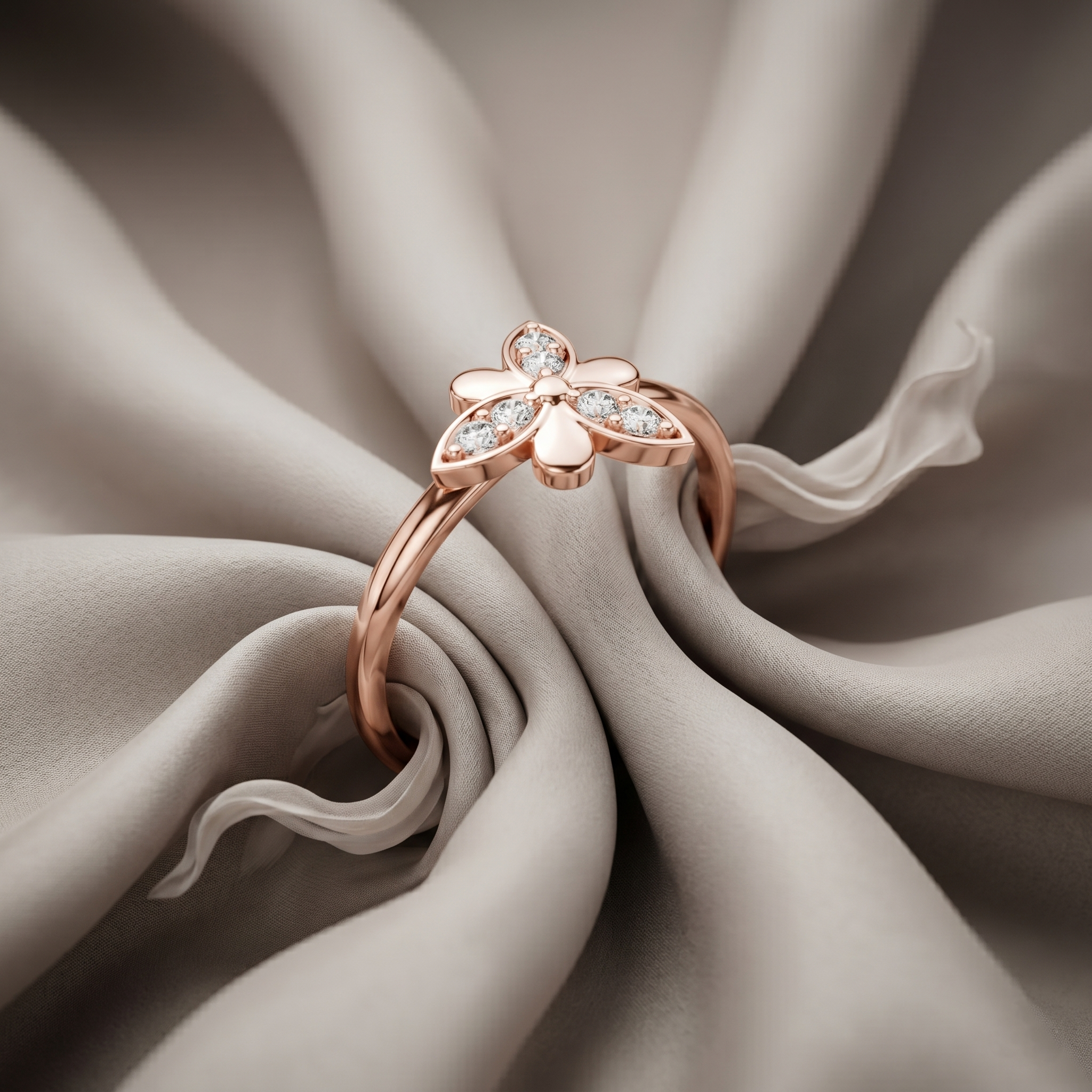 Delicate Butterfly Moissanite Ring, 14k Solid Gold Floral Cluster, Nature Inspired Flower Promise Ring