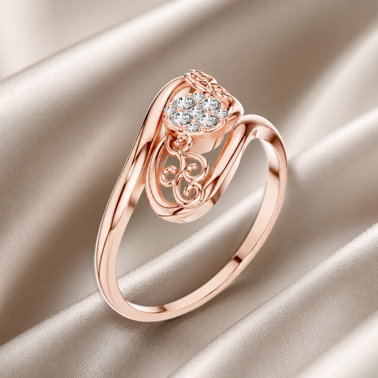 Art Deco Moissanite Ring, 14K Solid Gold Filigree Swirl Cluster, Nature Inspired Jewelry