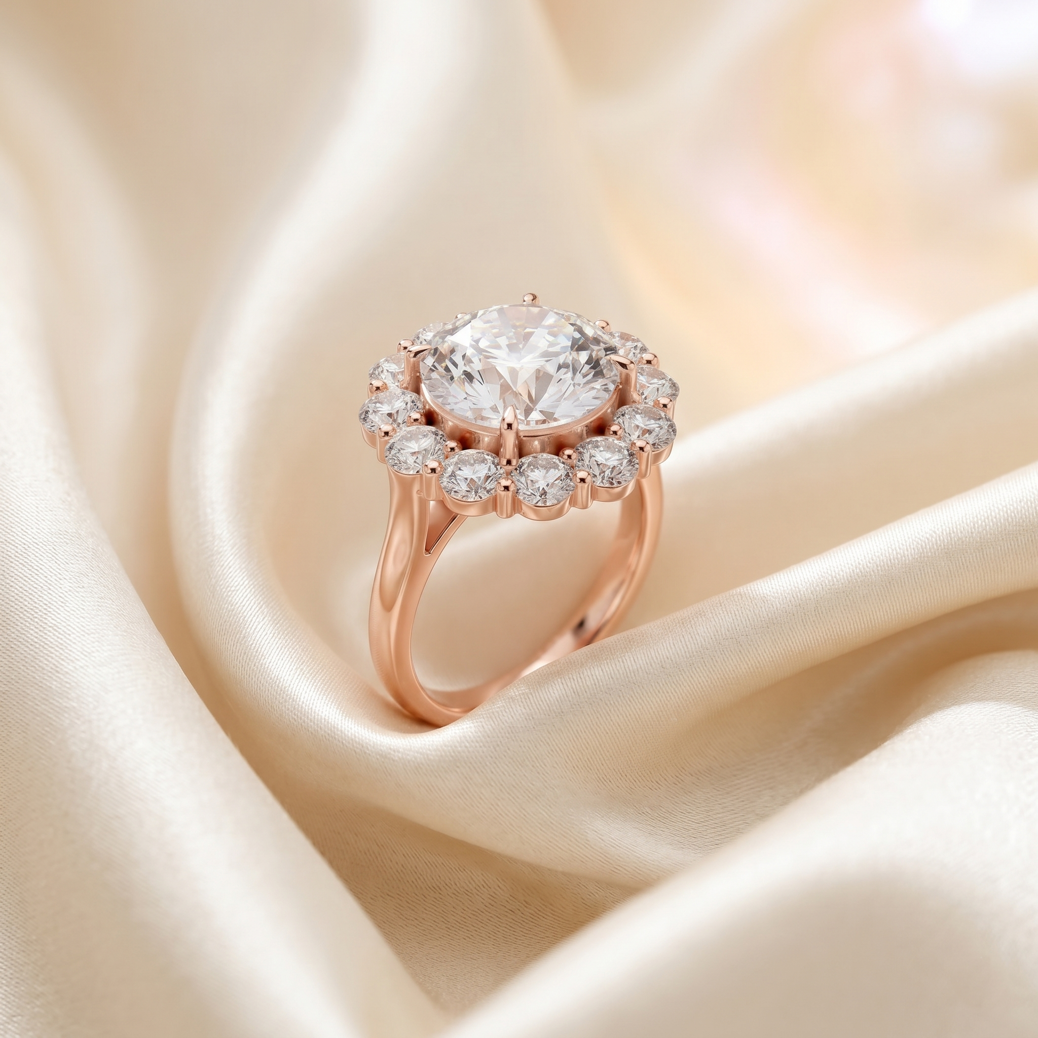 Large Flower Cluster Halo Moissanite Ring in 925 Sterling Silver, Sparkly Brilliant Cut Two Tone Rose Gold Bridal Statement Promise Ring