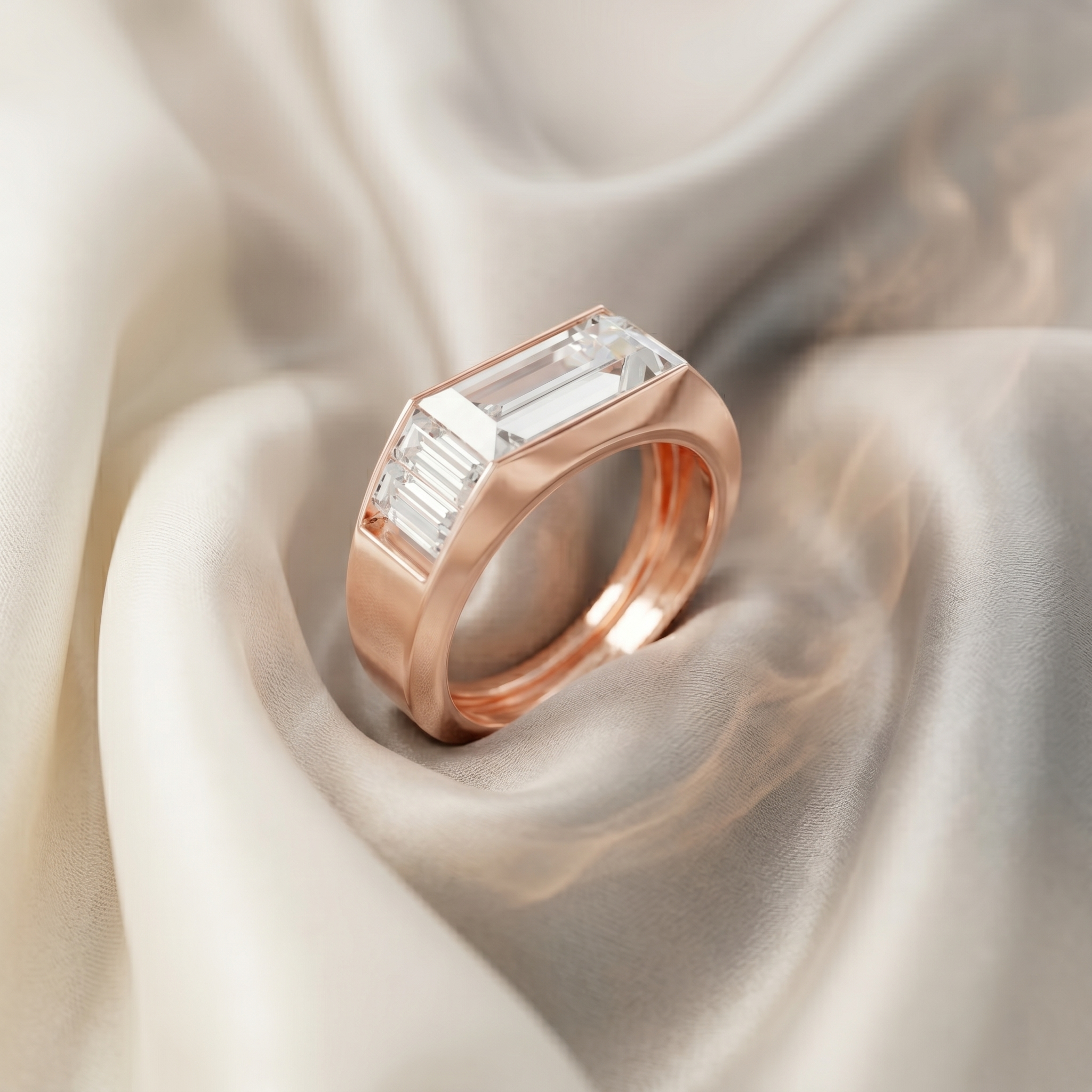 Emerald Cut Moissanite Men's Ring, Sterling Silver Baguette Wedding Band, Minimalist Signet Anniversary Gift