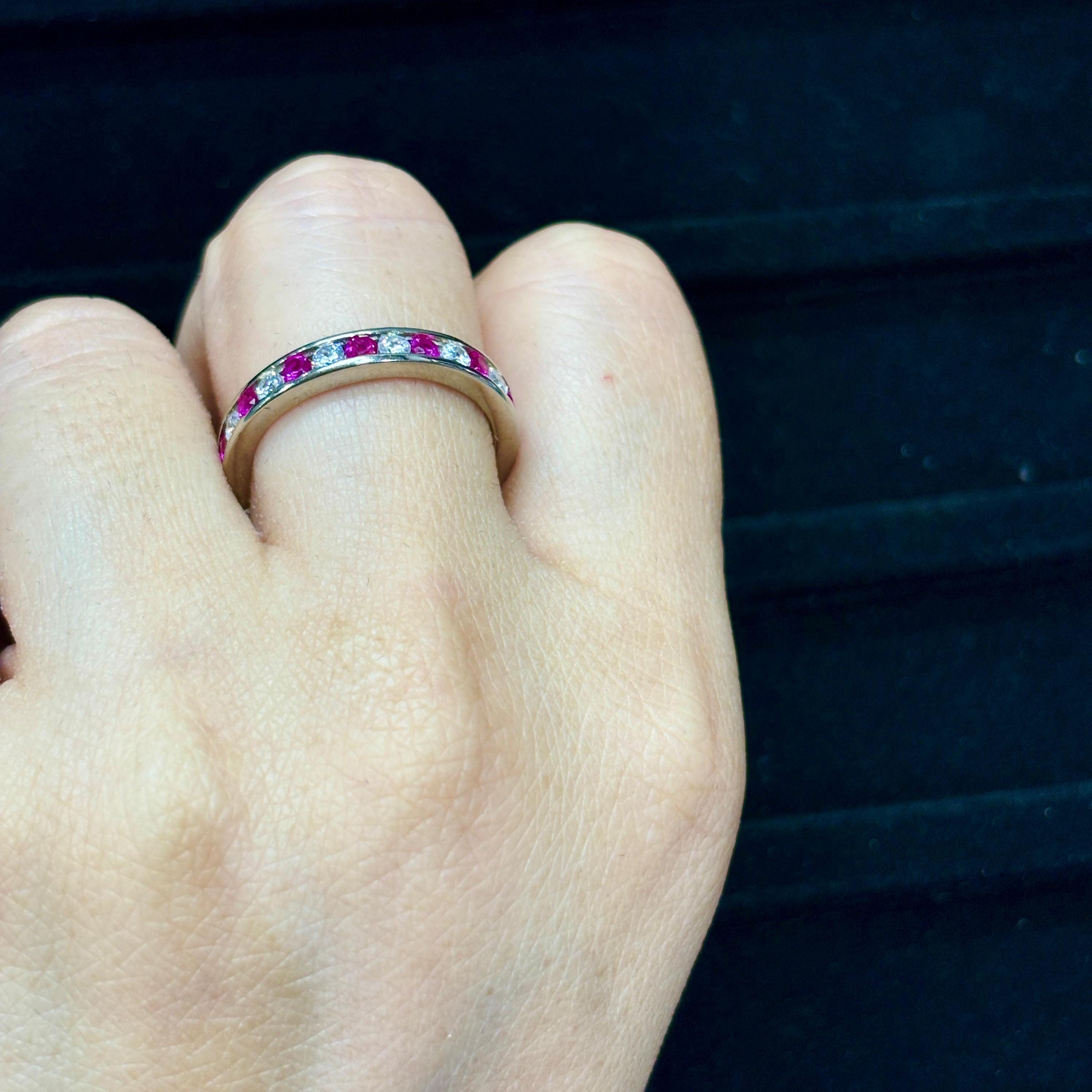 Ruby Moissanite Band Full Eternity Channel Alternate Set Art Deco Classic Round Stacking Dainty Silver Anniversary Gift Promise Ring For Her