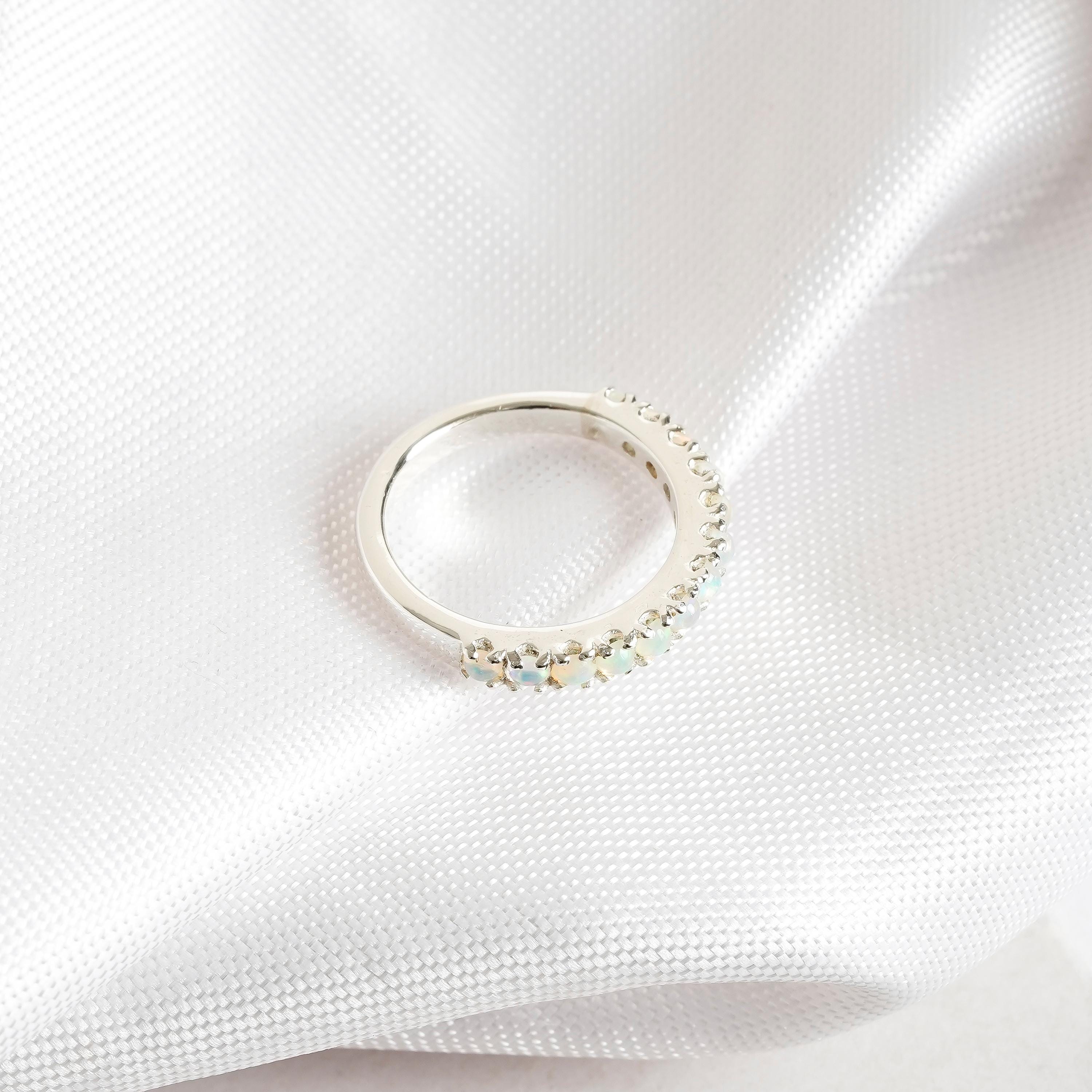 Opal Wedding Band For Women 925 Sterling Silver Stackable Fire Opal Round Bridal Matching Anniversary Gift Delicate Pave Set Dainty Band